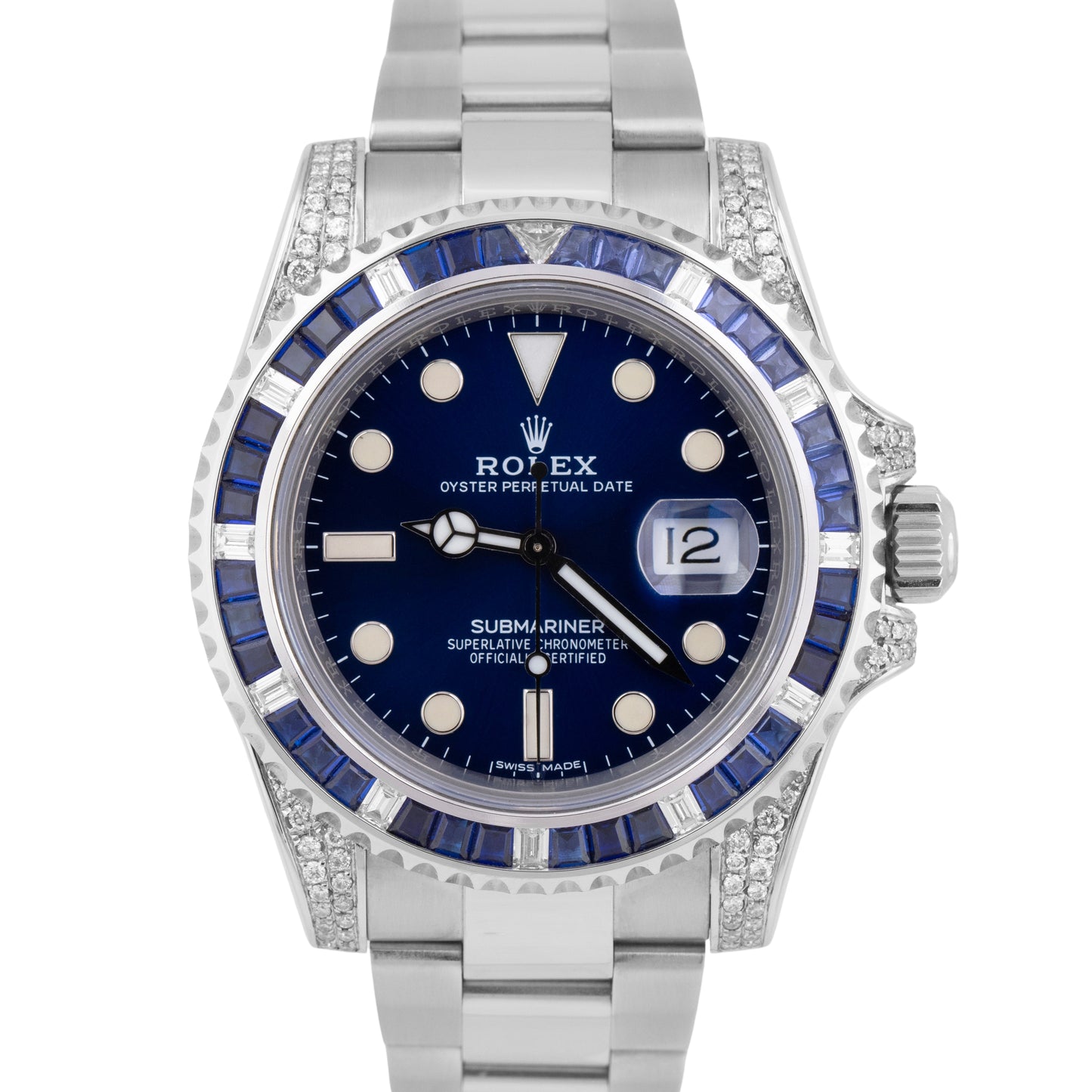 Rolex Submariner Date Blue DIAMOND SAPPHIRE Bezel Lugs 40mm Oyster Watch 116610