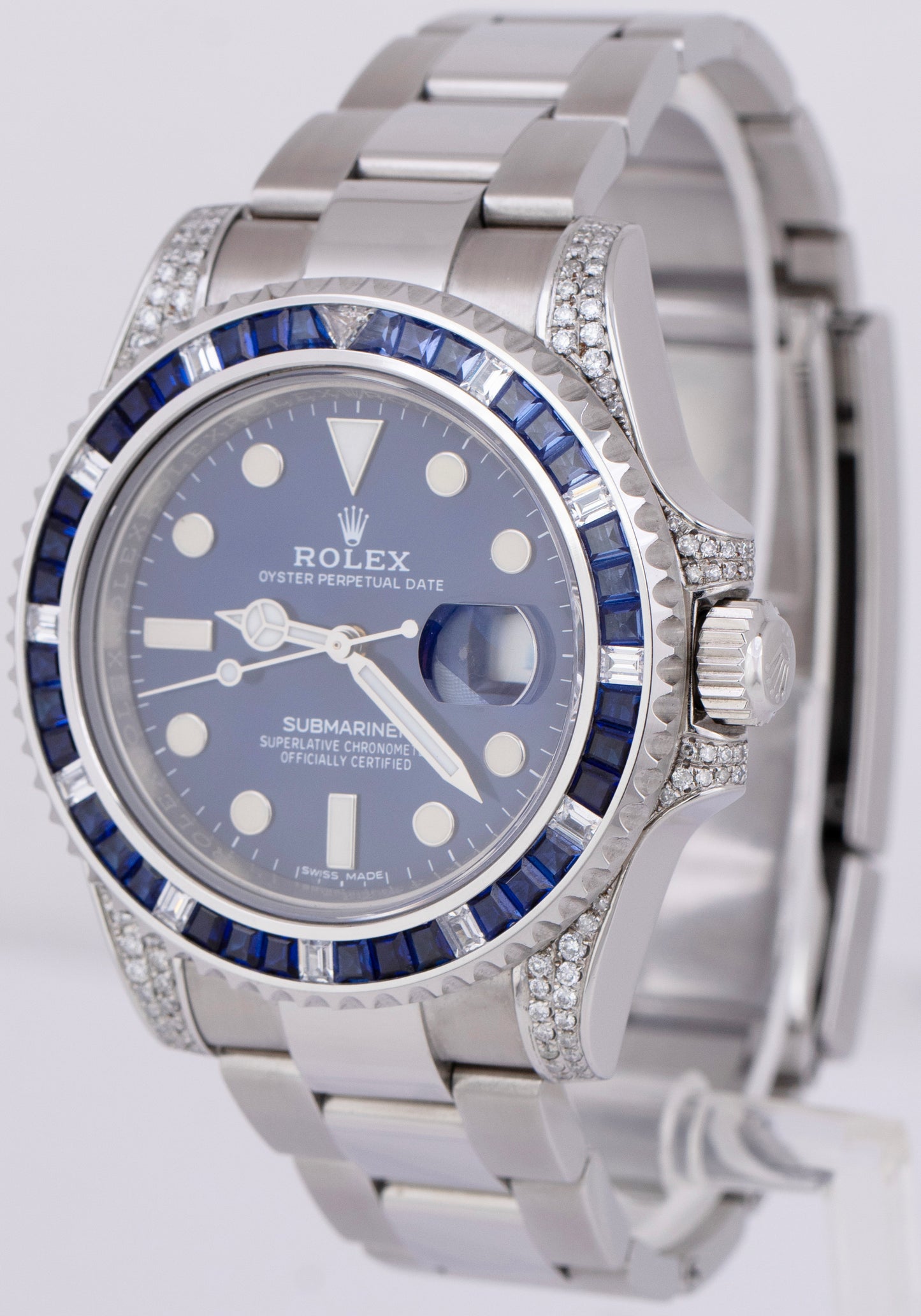 Rolex Submariner Date Blue DIAMOND SAPPHIRE Bezel Lugs 40mm Oyster Watch 116610