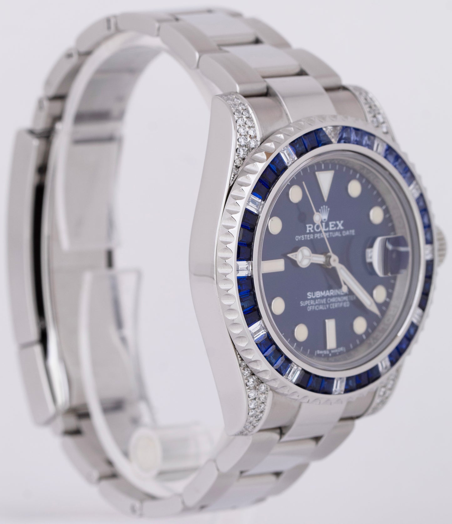 Rolex Submariner Date Blue DIAMOND SAPPHIRE Bezel Lugs 40mm Oyster Watch 116610