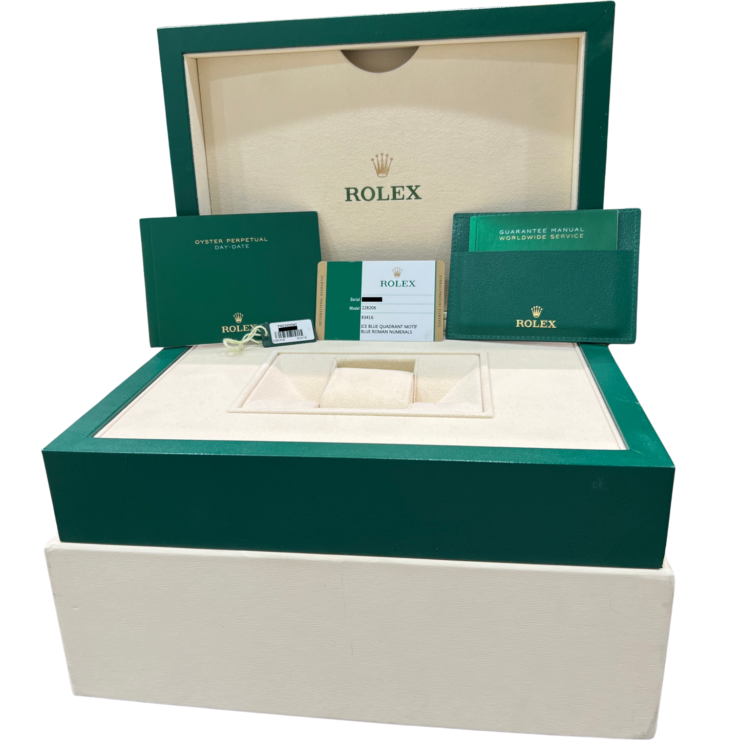 PAPERS Rolex Day-Date President 40mm Platinum Blue Quadrant Glacier 228206 BOX