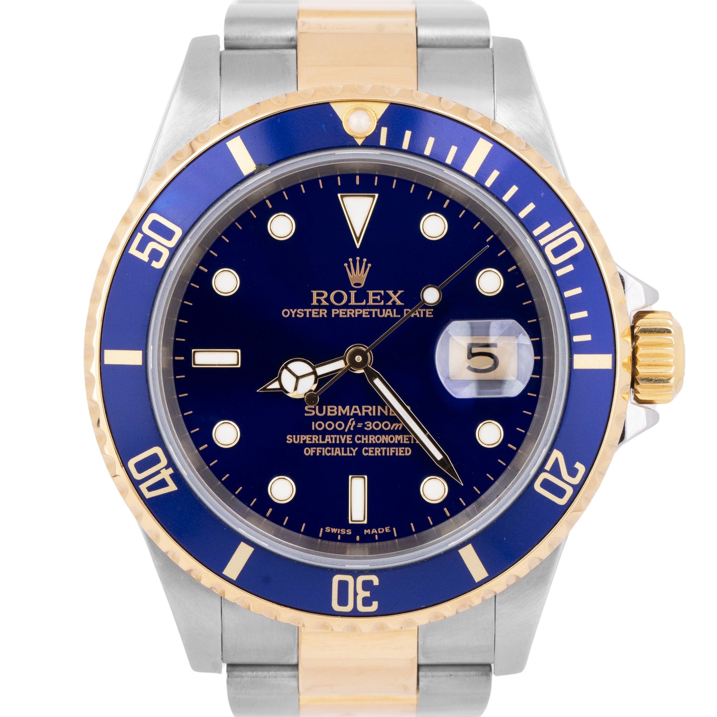 Rolex Submariner Date 40mm Blue Two-Tone 18K Gold NO-HOLES Steel 16613 Watch