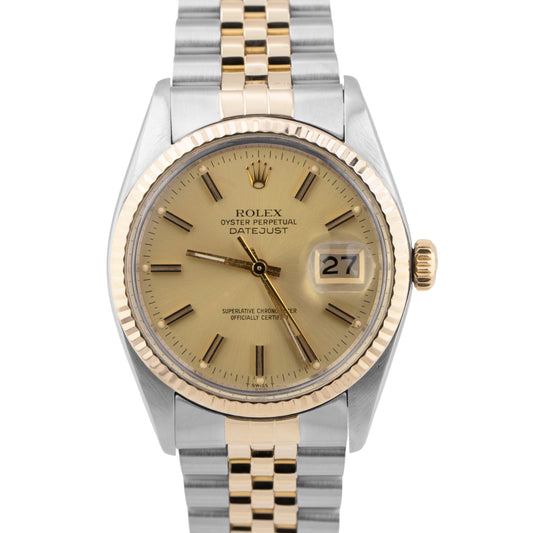 Rolex DateJust 36mm CHAMPAGNE Two-Tone 14K Yellow Gold Stainless Watch 16013