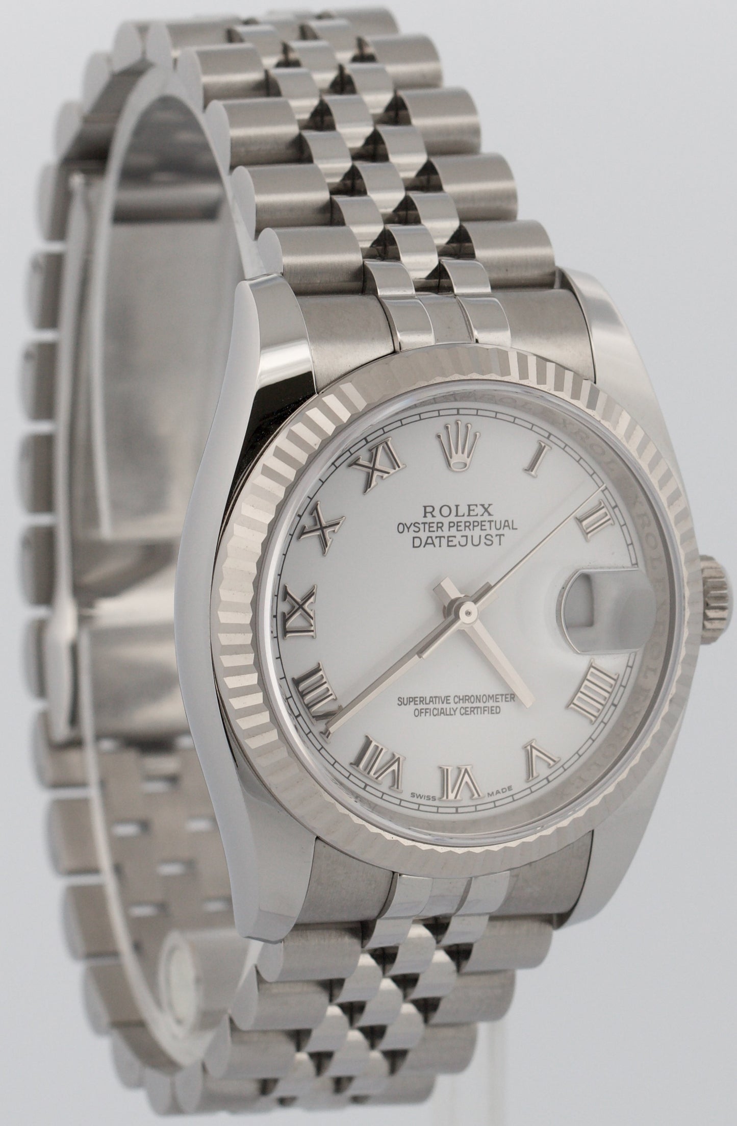 UNPOLISHED PAPERS Rolex DateJust 36mm WHITE ROMAN Steel JUBILEE 18K 116234 BOX