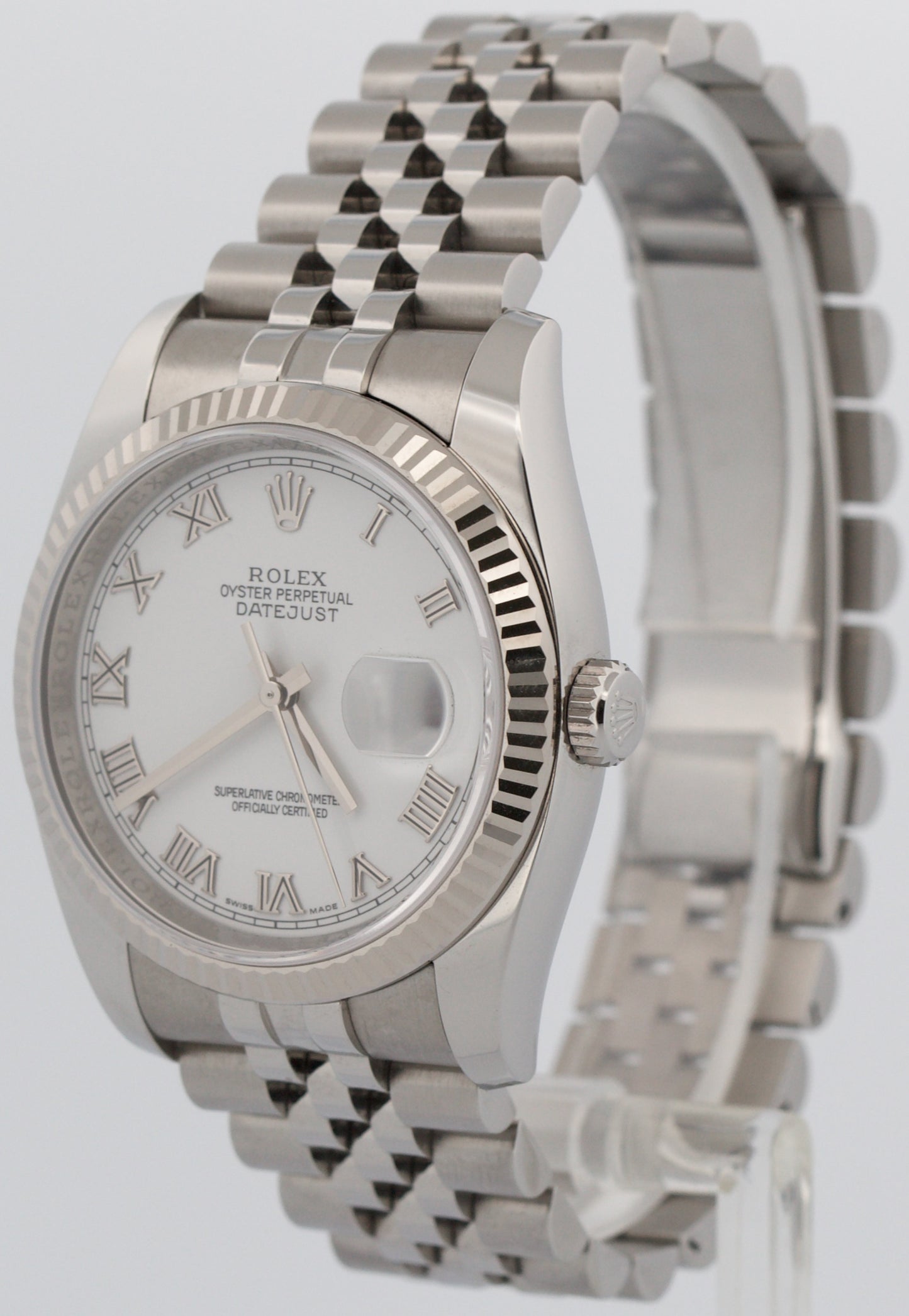 UNPOLISHED PAPERS Rolex DateJust 36mm WHITE ROMAN Steel JUBILEE 18K 116234 BOX