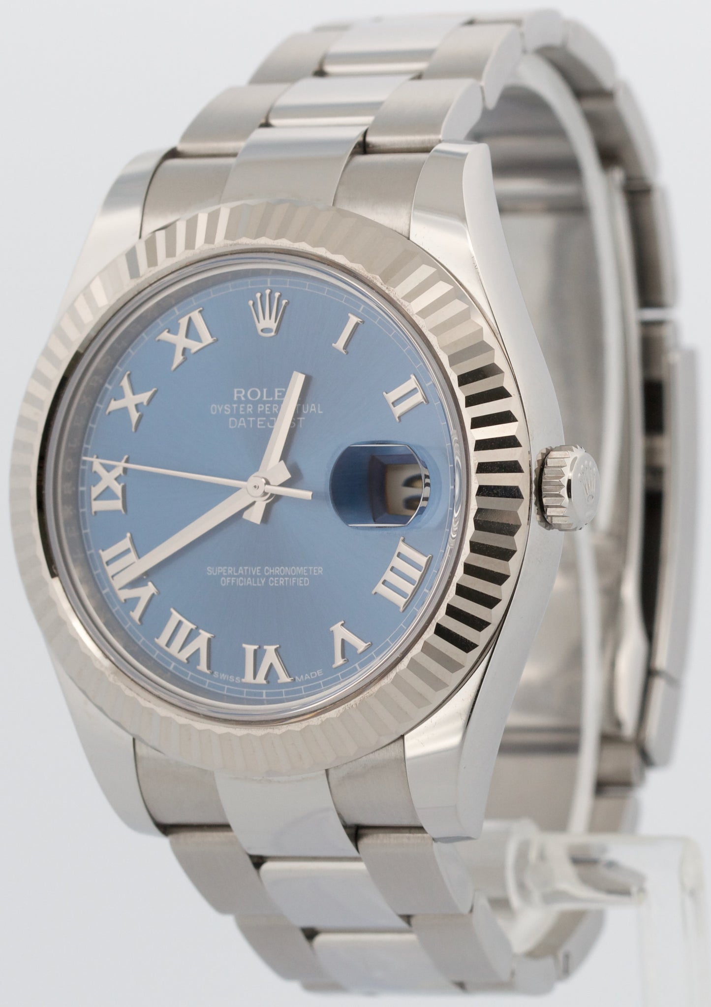 UNPOLISHED PAPERS Rolex DateJust II AZZURRO BLUE ROMAN 41mm 18K Steel 116334 BOX