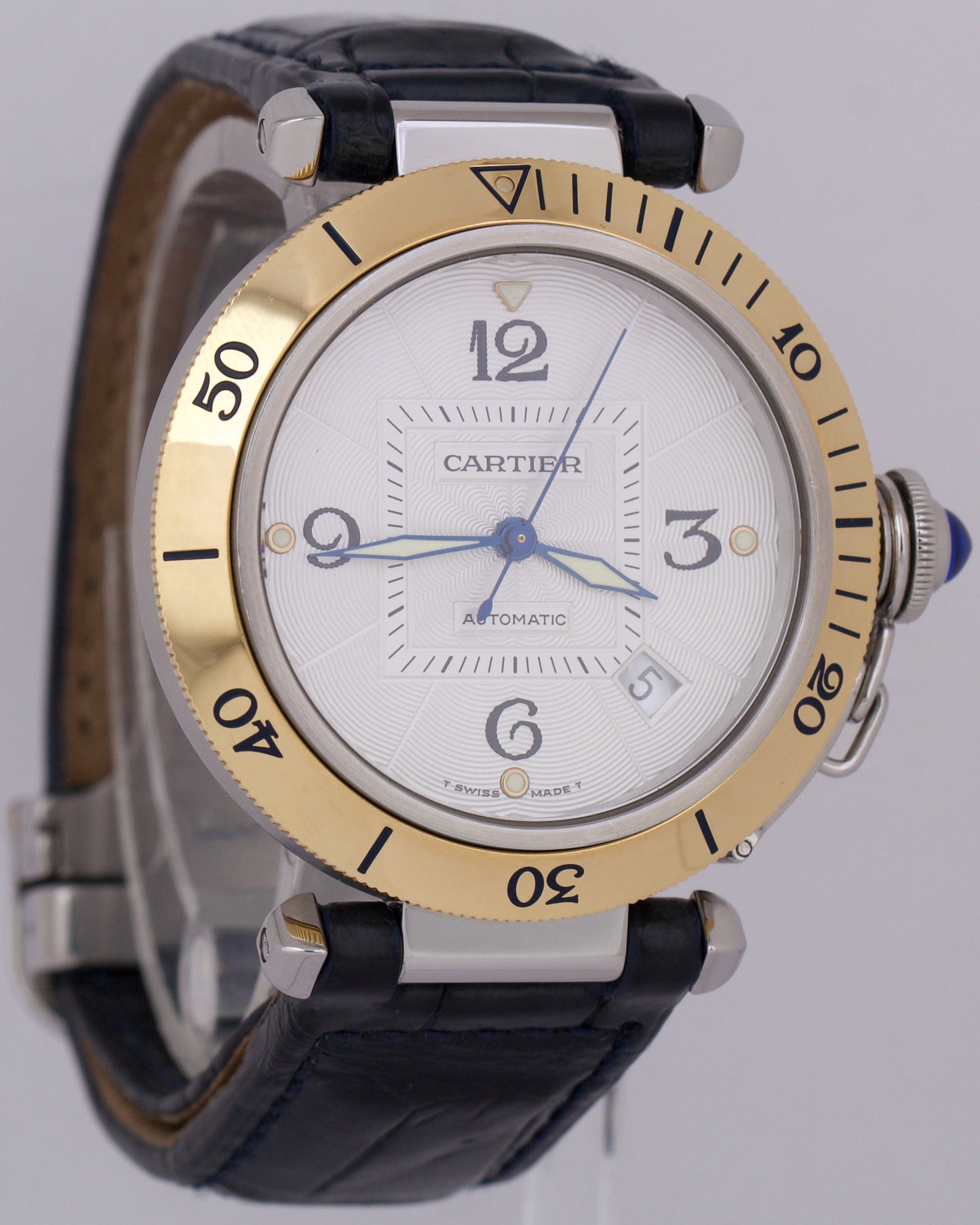 Cartier Pasha 2378 Stainless Two-Tone 18K SILVER GUILLOCHE Leather 38mm W3103555