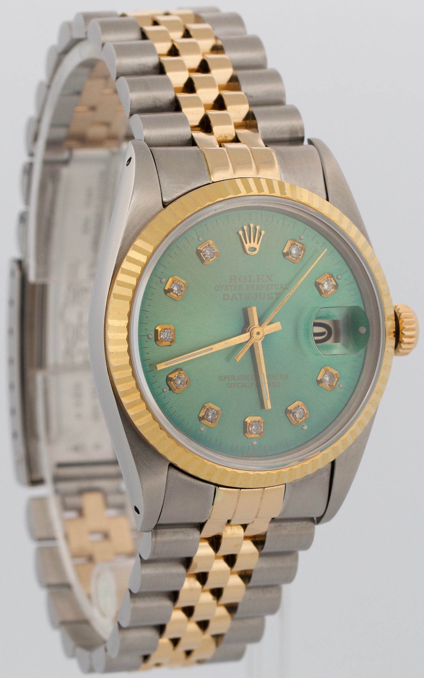Rolex DateJust 36mm AQUA DIAMOND Blue Green 18K Gold JUBILEE Steel Watch 16013