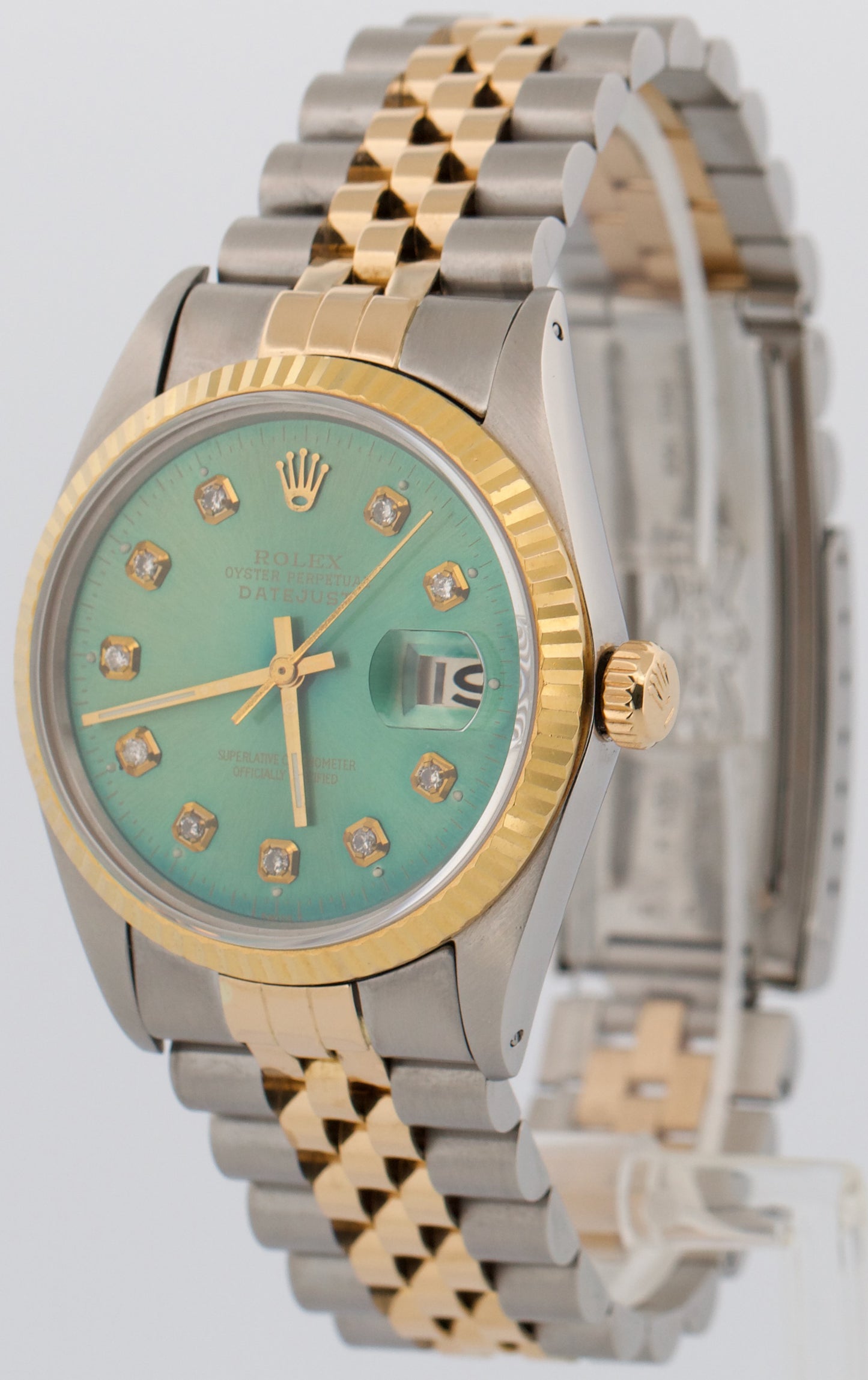 Rolex DateJust 36mm AQUA DIAMOND Blue Green 18K Gold JUBILEE Steel Watch 16013