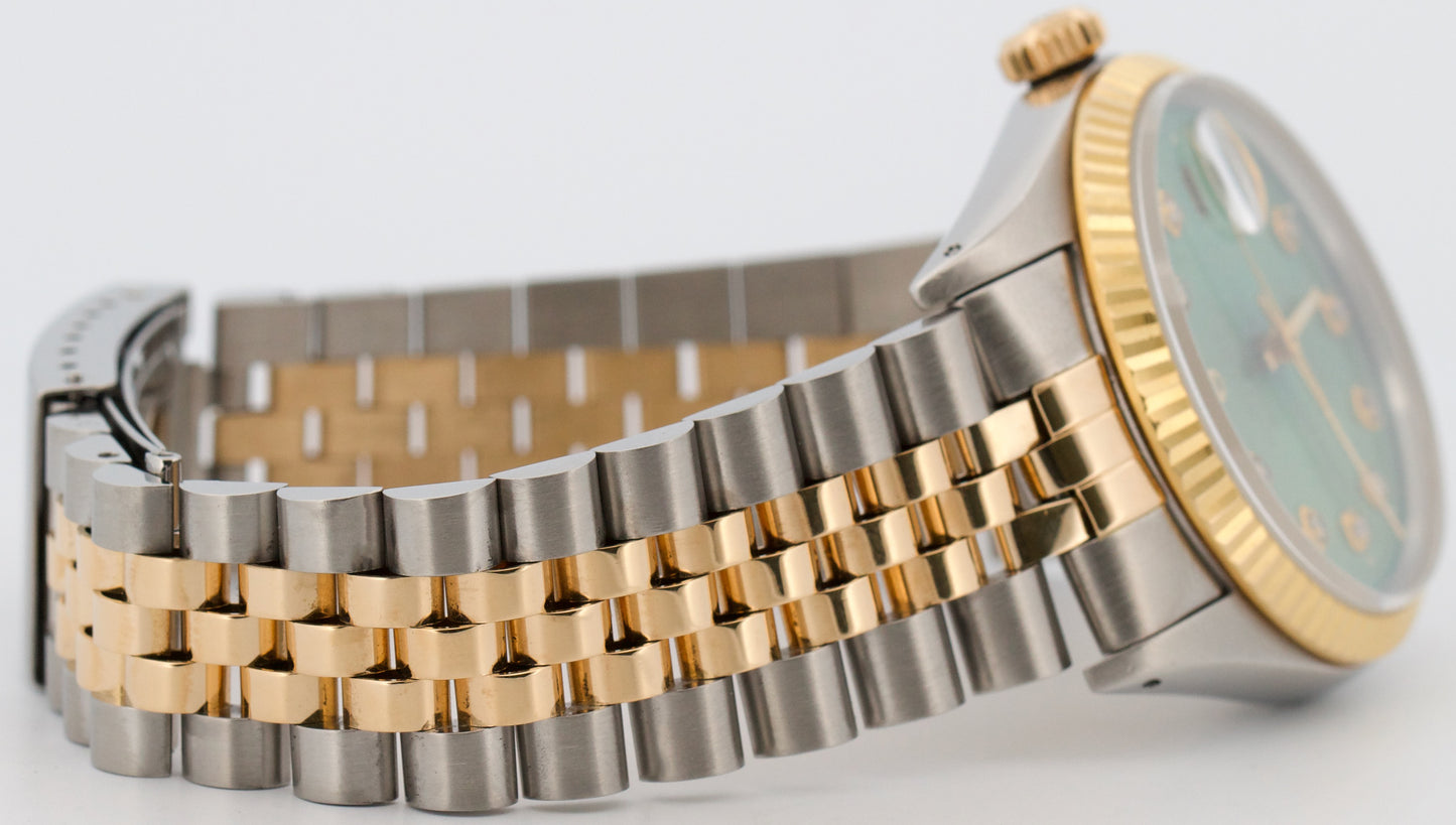 Rolex DateJust 36mm AQUA DIAMOND Blue Green 18K Gold JUBILEE Steel Watch 16013