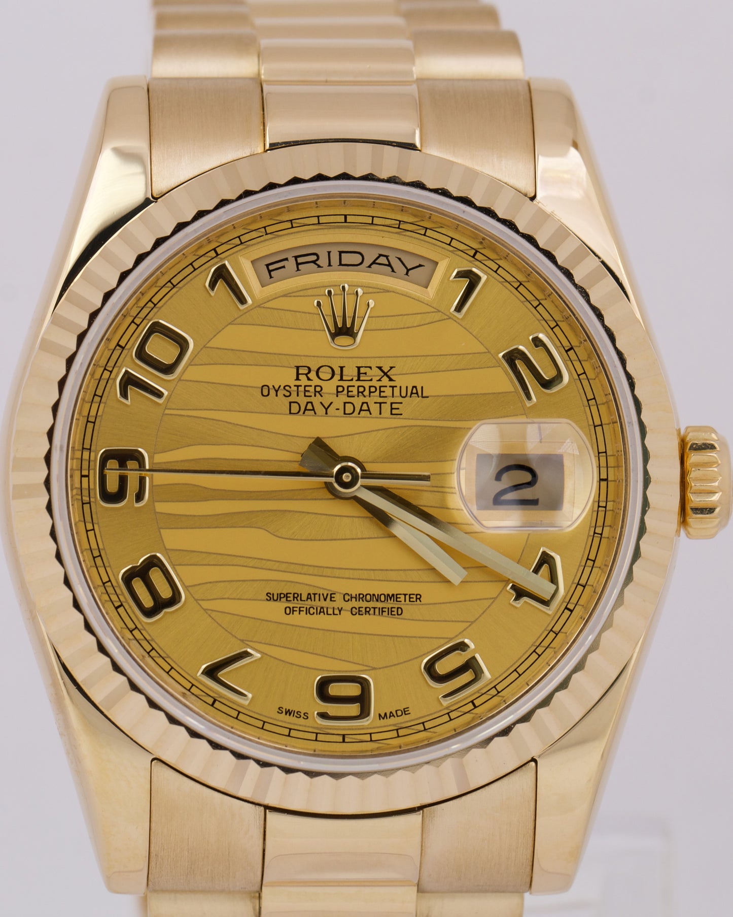 Rolex Day-Date President FAT BUCKLE Champagne WAVE 18K Gold REHAUT 36mm 118238