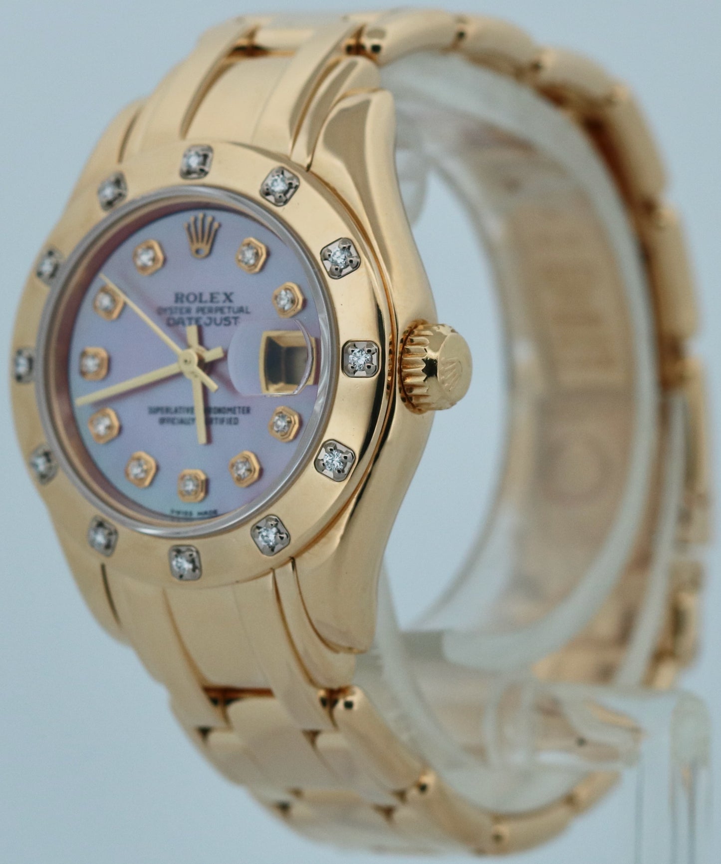 Ladies Rolex DateJust Pearlmaster DIAMOND MOP 18k Yellow Gold 29mm 69318 Watch