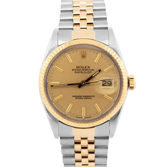 Rolex DateJust 36mm Champagne Two-Tone Jubilee 18K Yellow Gold Steel Watch 16013