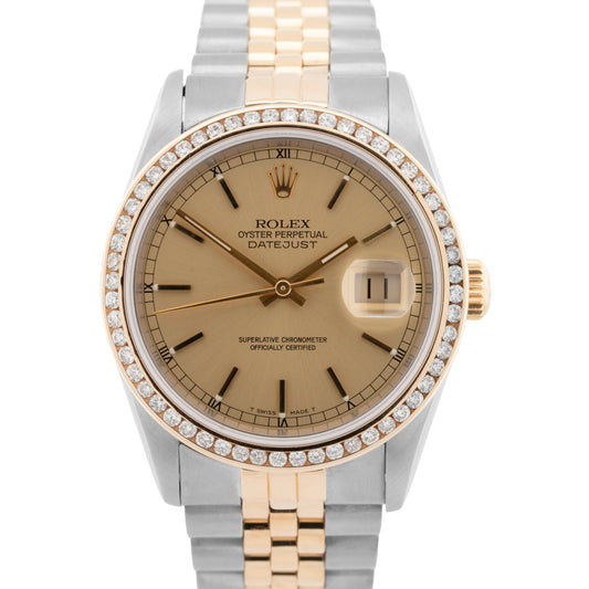 Rolex DateJust 36mm Champagne DIAMOND Bezel 18K Gold JUBILEE Steel Watch 16233