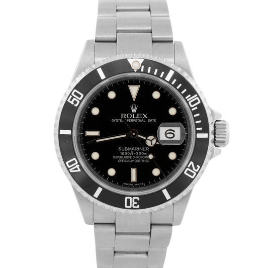 Rolex Submariner Date BLACK Stainless Steel REHAUT No-Holes 40mm Watch 16610