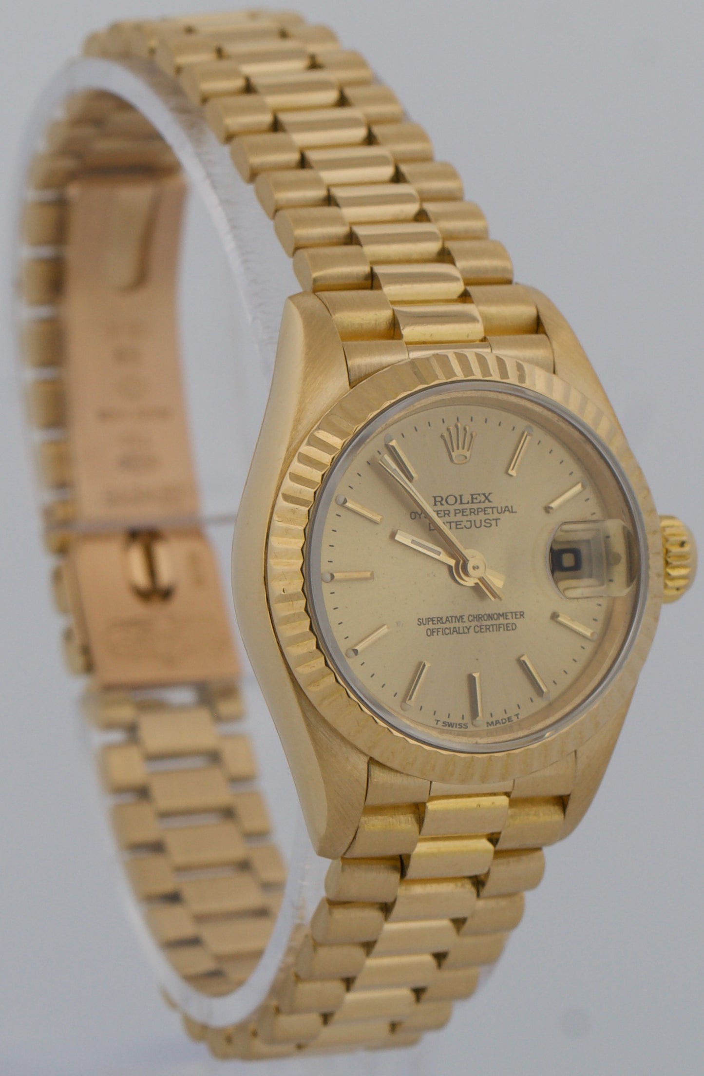 PAPERS Ladies Rolex DateJust President 26mm CHAMPAGNE 18K Yellow Gold 69178 BOX