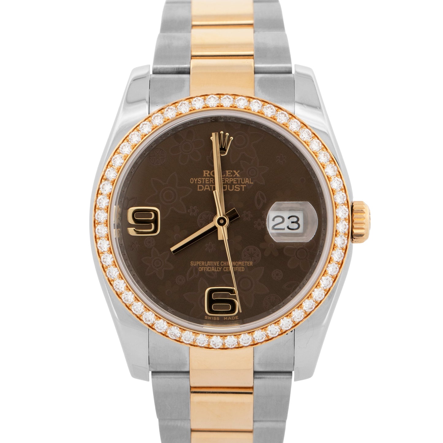 Rolex DateJust 36mm Bronze Floral DIAMOND Two-Tone 18K Yellow Gold 116243 BOX