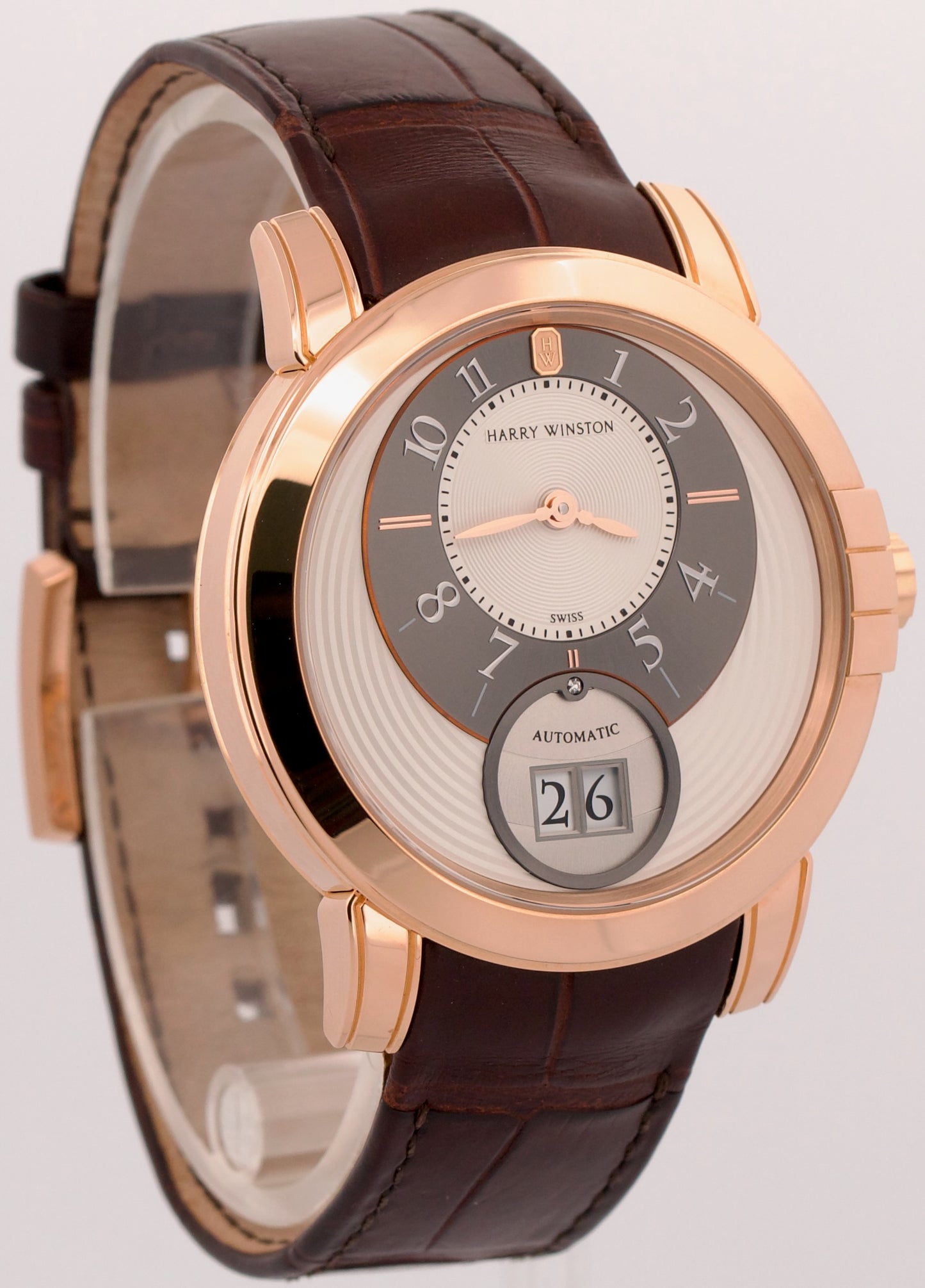 Harry Winston Midnight SILVER 18K Rose Gold Leather Steel 42mm MIDABD42RR001