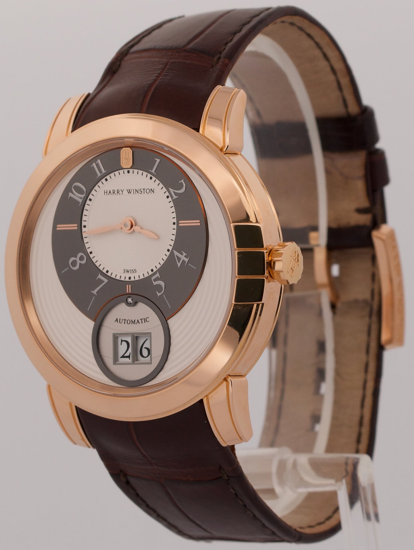 Harry Winston Midnight SILVER 18K Rose Gold Leather Steel 42mm MIDABD42RR001