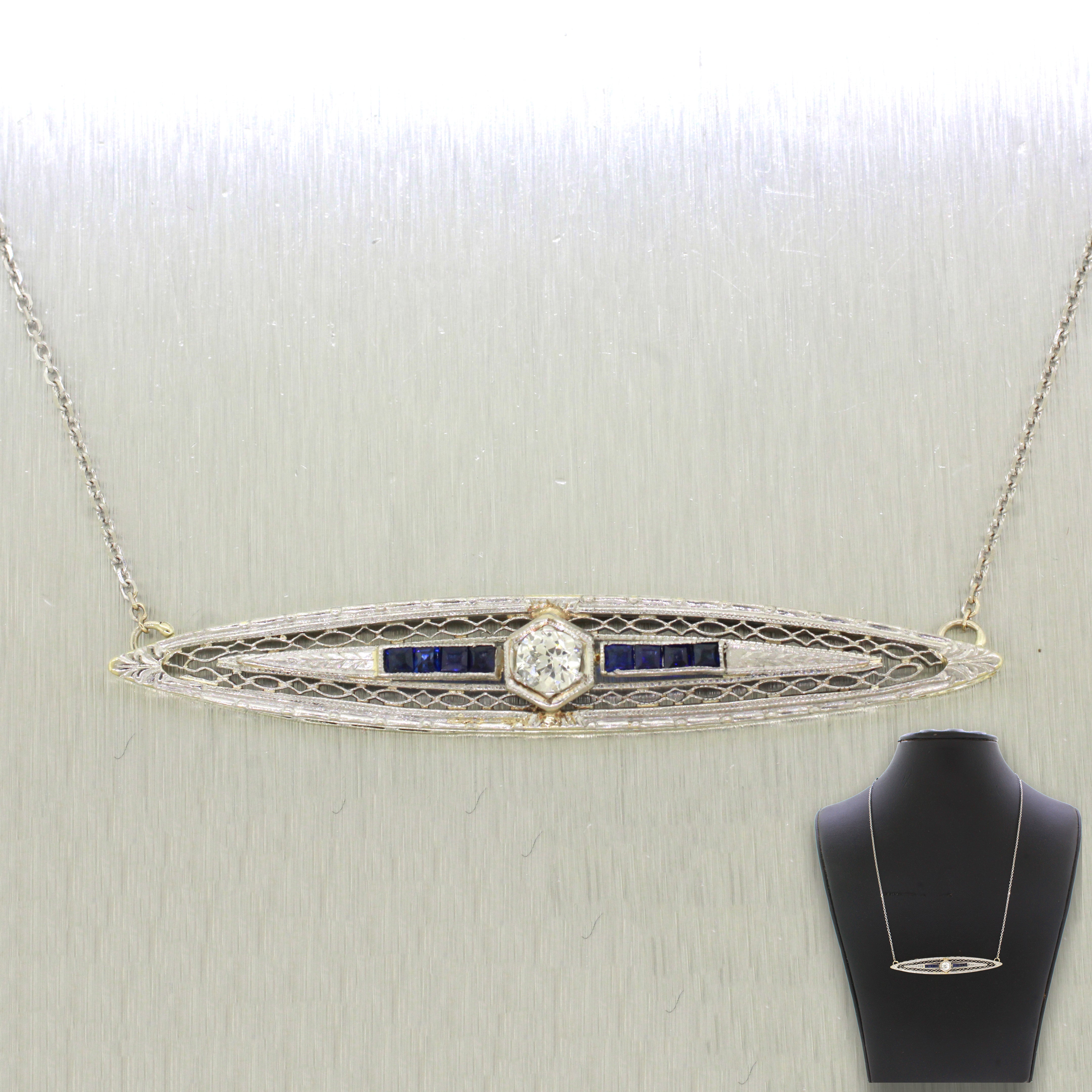 1920s Antique Art Deco 14k Gold 0.25ct Diamond & Sapphire Bar Necklace - 20"