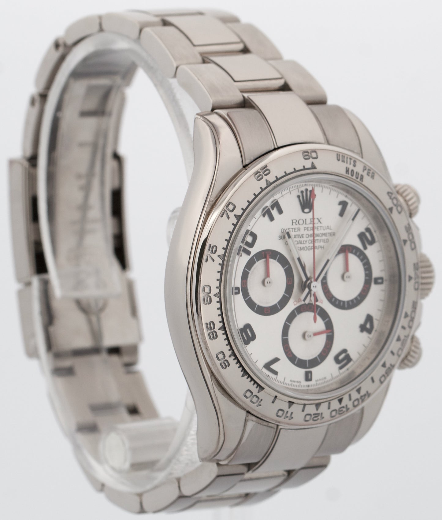 Rolex Daytona Cosmograph SILVER RACING Arabic Red 18K White Gold Watch 116509