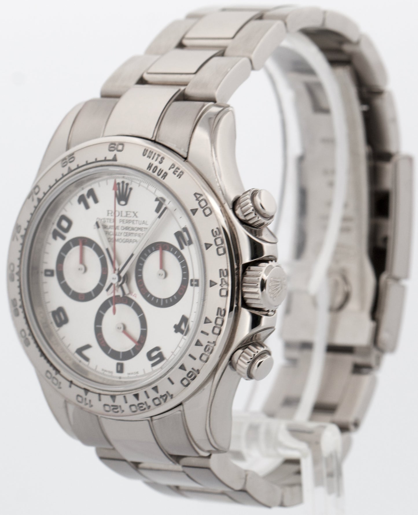 Rolex Daytona Cosmograph SILVER RACING Arabic Red 18K White Gold Watch 116509