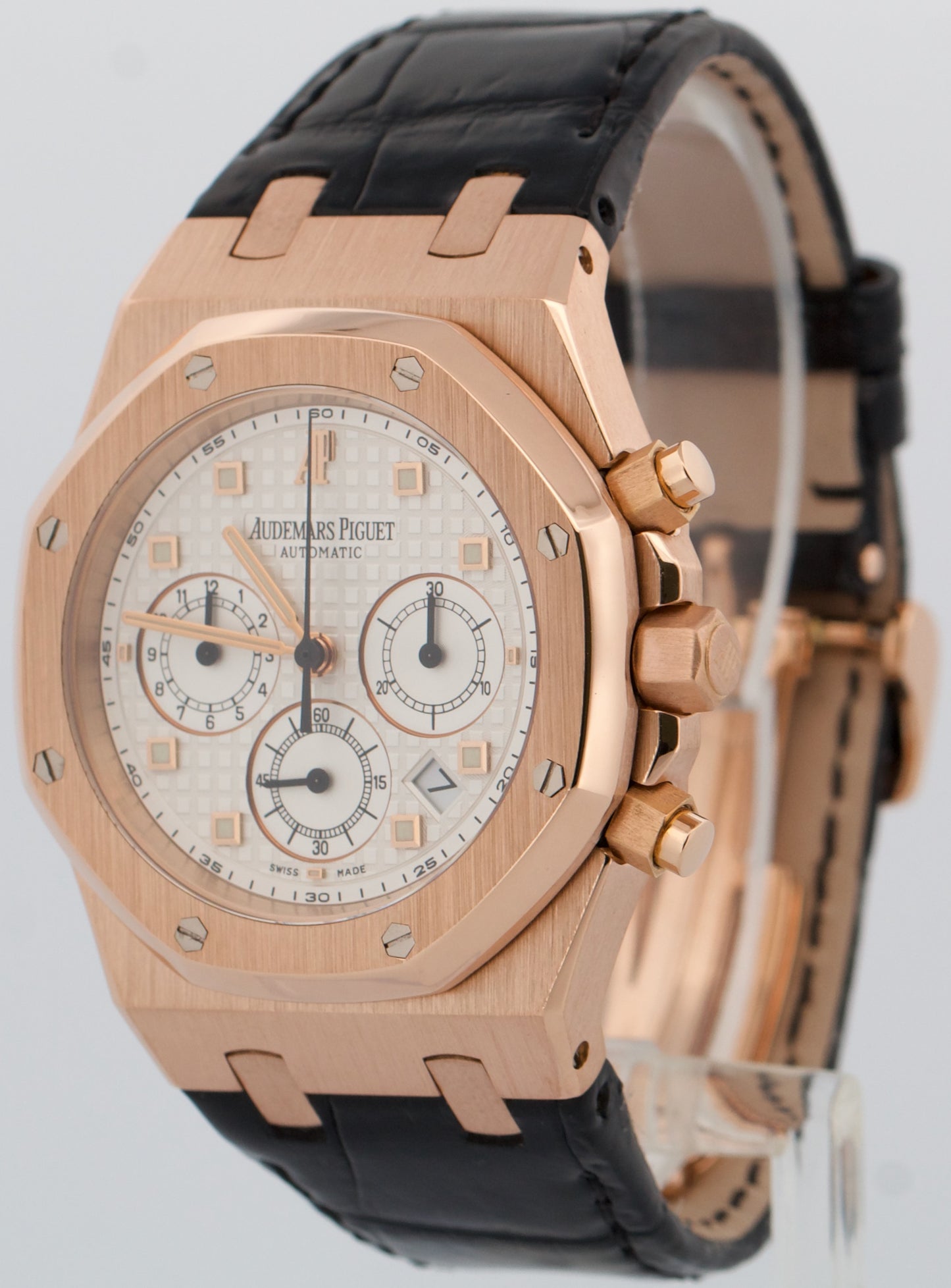 Audemars Piguet Royal Oak Chronograph WHITE 18k Rose Gold Leather 39mm 26022OR