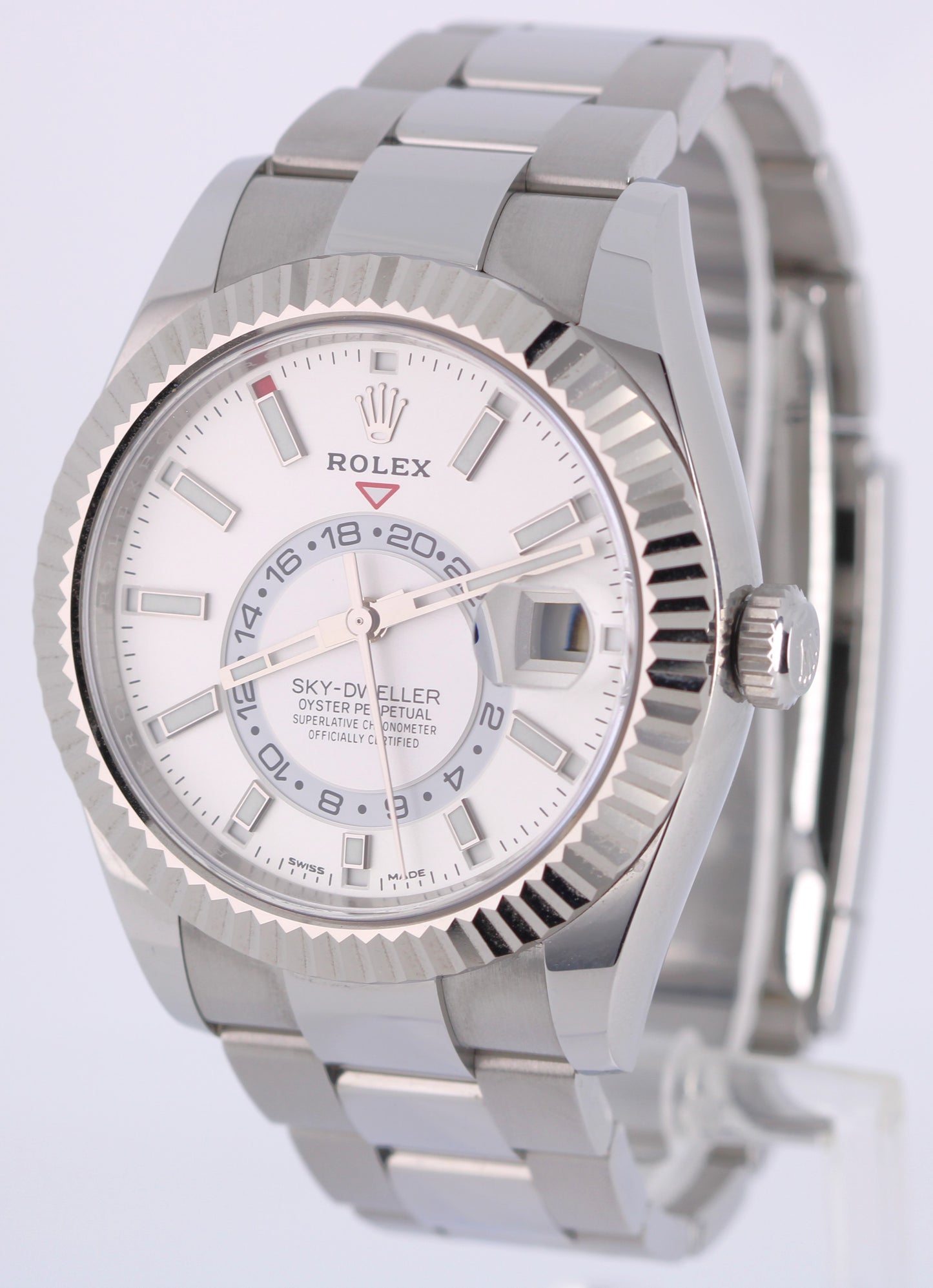 Rolex Sky-Dweller PAPERS Stainless Steel White 42mm 326934 18k Fluted Watch BOX