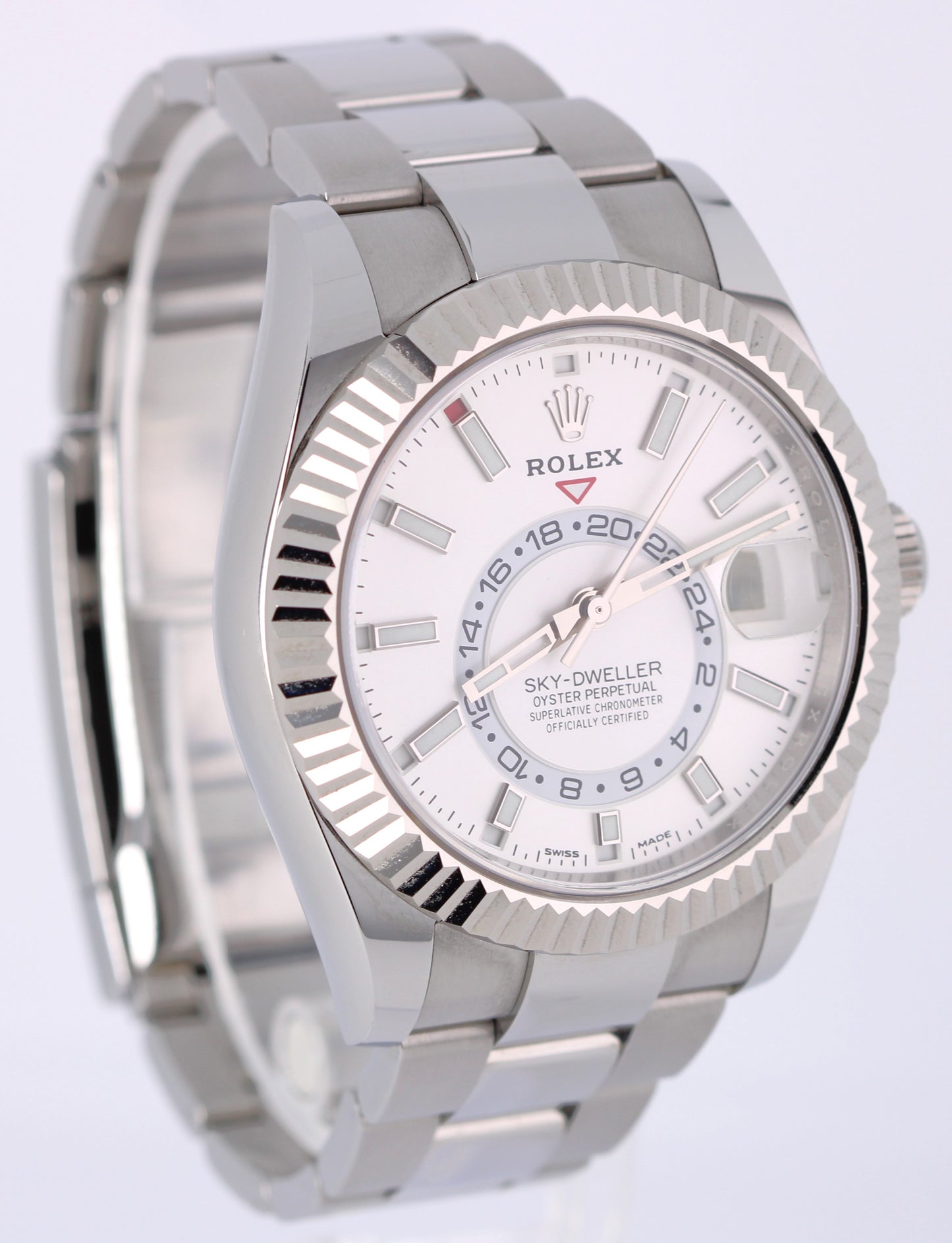 Rolex Sky-Dweller PAPERS Stainless Steel White 42mm 326934 18k Fluted Watch BOX