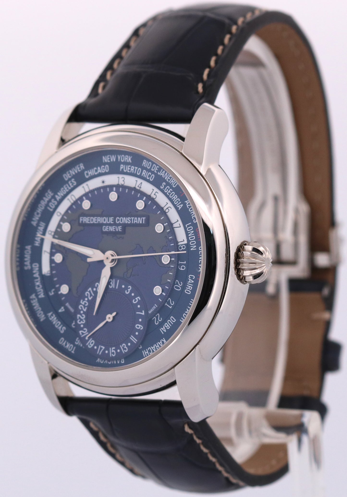 PAPERS Frederique Constant Classic WorldTimer BLUE Leather 42mm FC-718X4H4/6 BOX