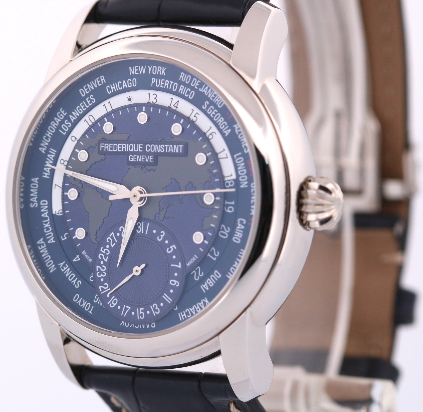 PAPERS Frederique Constant Classic WorldTimer BLUE Leather 42mm FC-718X4H4/6 BOX