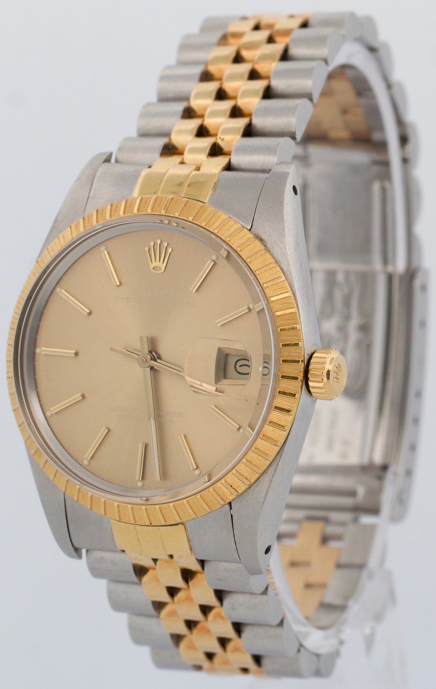 1986 Rolex Oyster Perpetual Date CHAMPAGNE 18K Gold Engine-Turned 34mm 15053