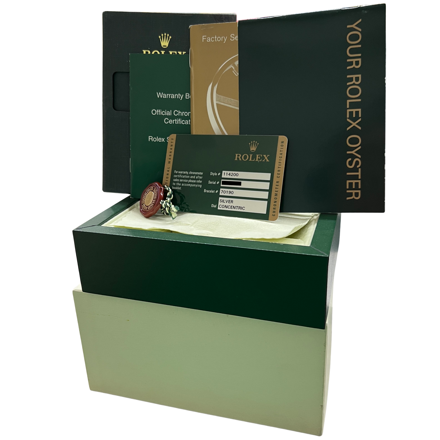 STICKERED PAPERS Rolex Oyster Perpetual SILVER CONCENTRIC Steel 34mm 114200 BOX