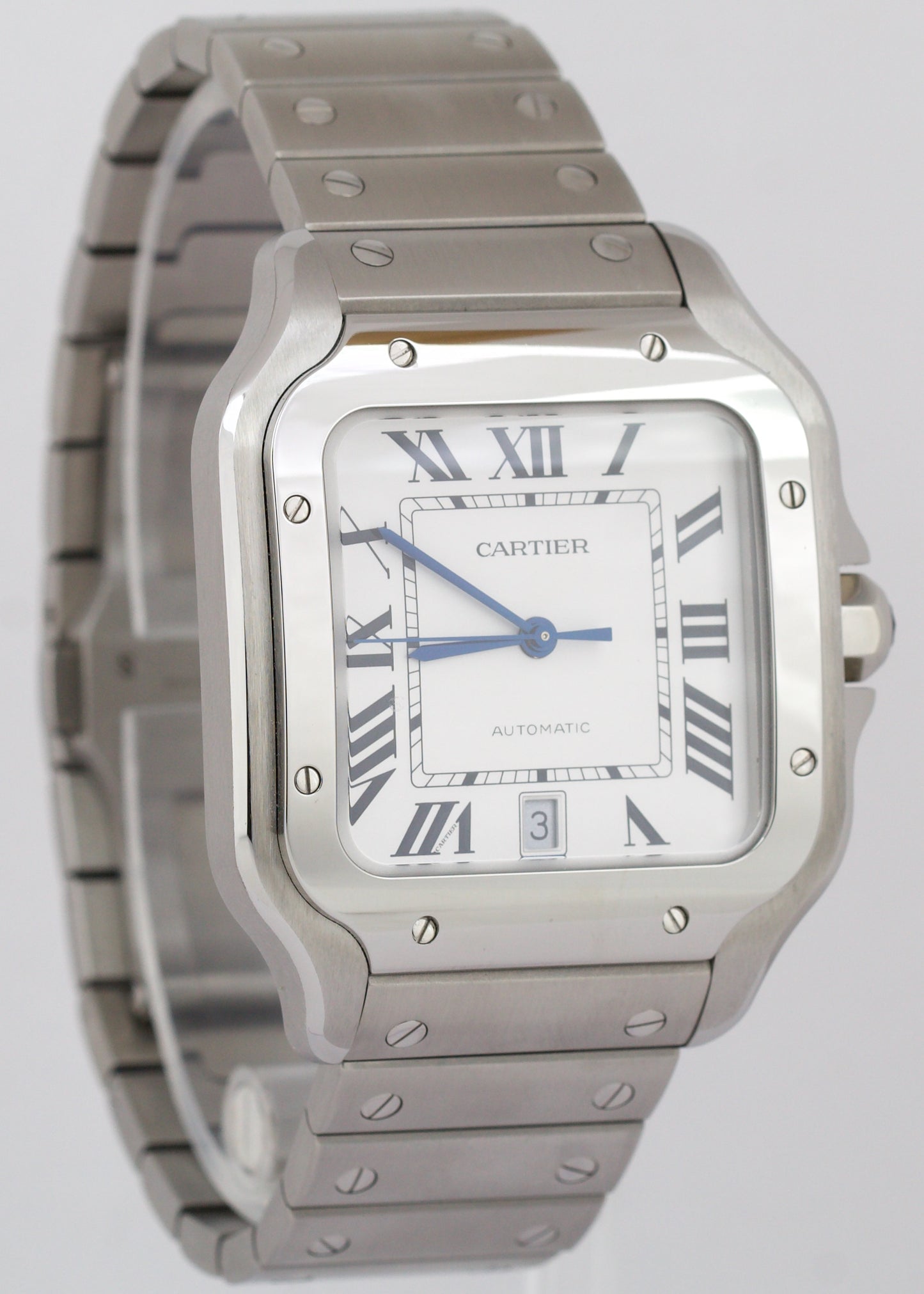 MINT PAPERS Cartier Santos 39.8mm White Steel Leather 4072 Watch WSSA0018 BOX