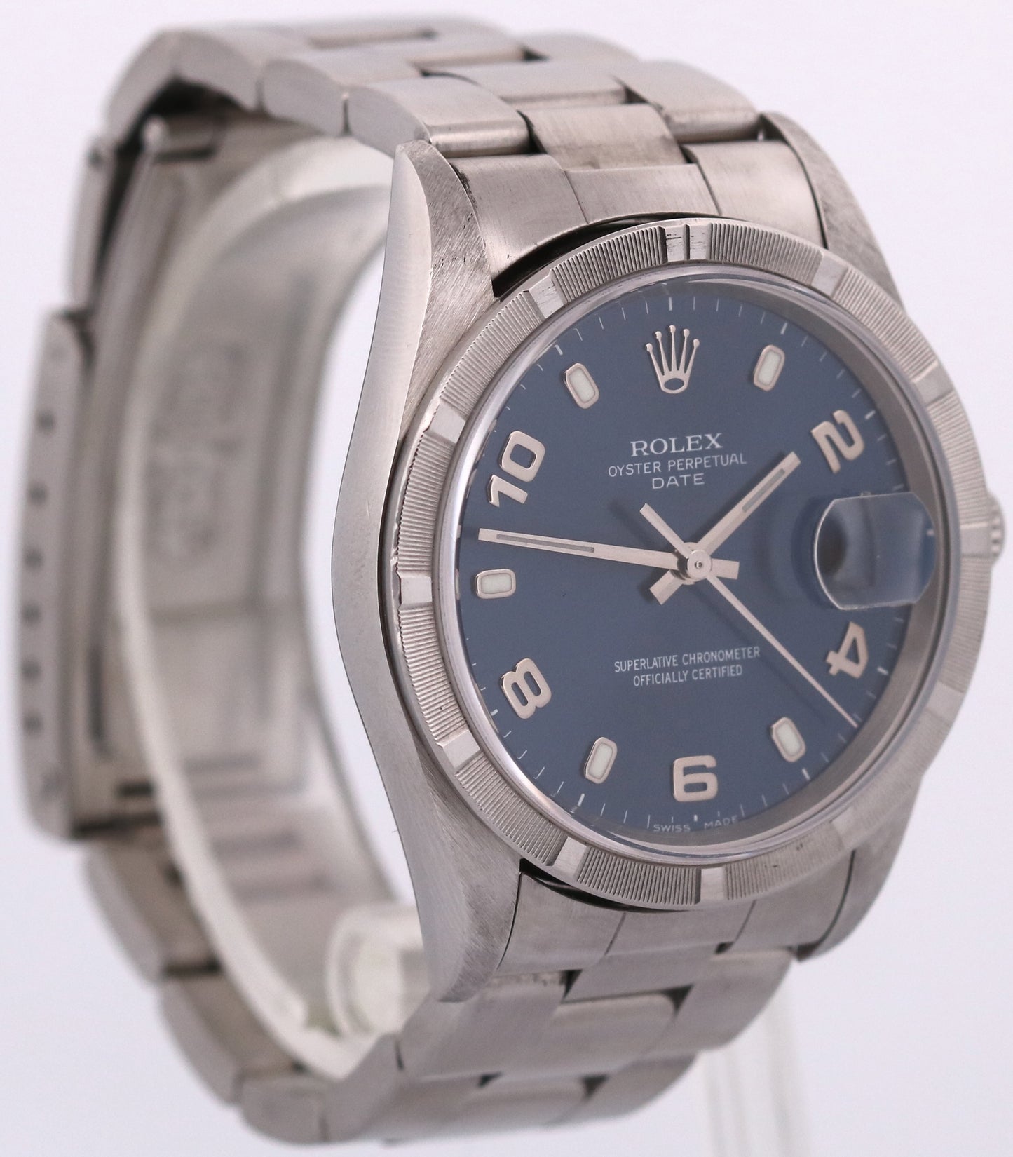Rolex Oyster Perpetual Date BLUE 34mm ENGINE-TURNED Steel Oyster Watch 15000 BOX