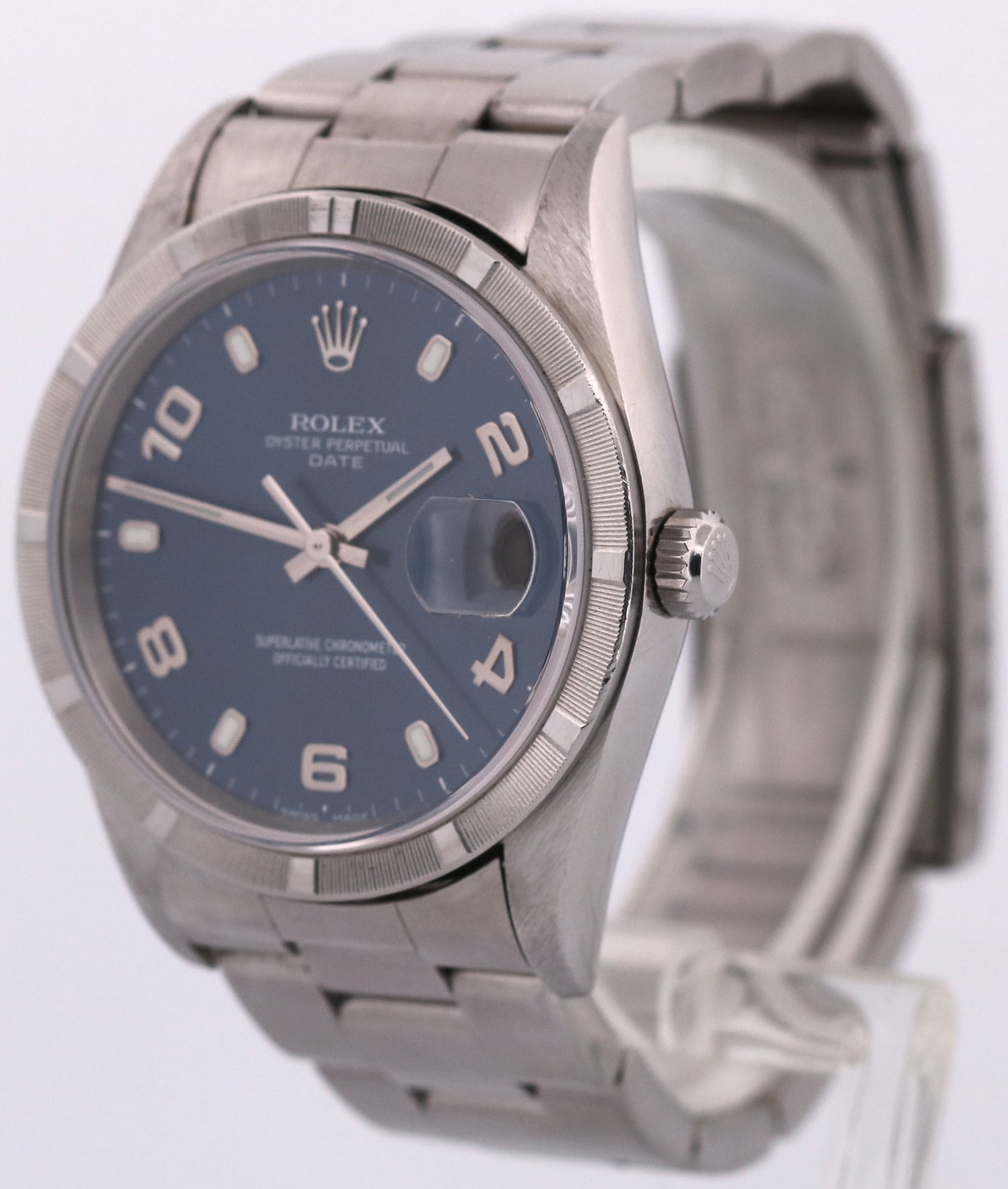 Rolex Oyster Perpetual Date BLUE 34mm ENGINE-TURNED Steel Oyster Watch 15000 BOX