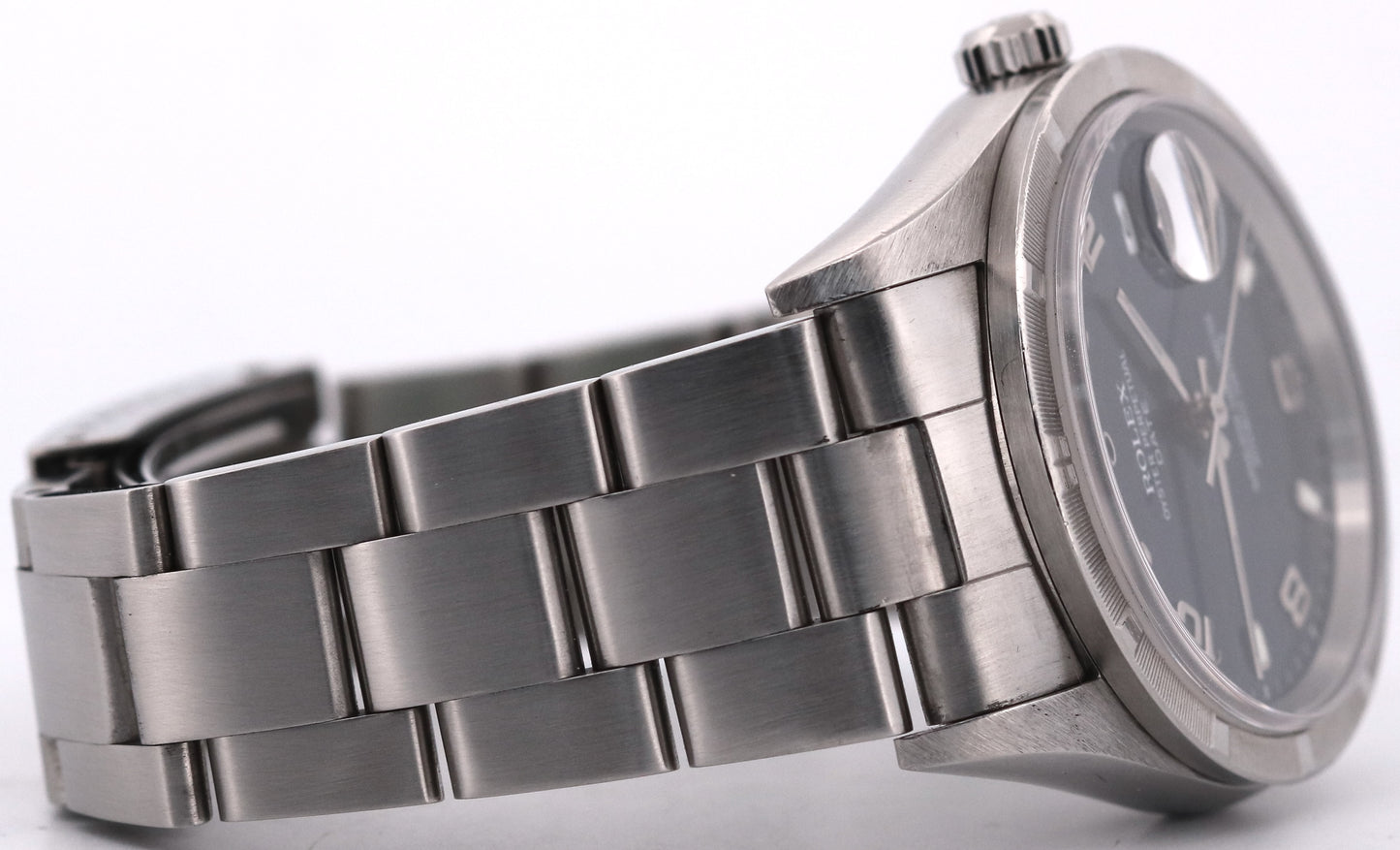 Rolex Oyster Perpetual Date BLUE 34mm ENGINE-TURNED Steel Oyster Watch 15000 BOX