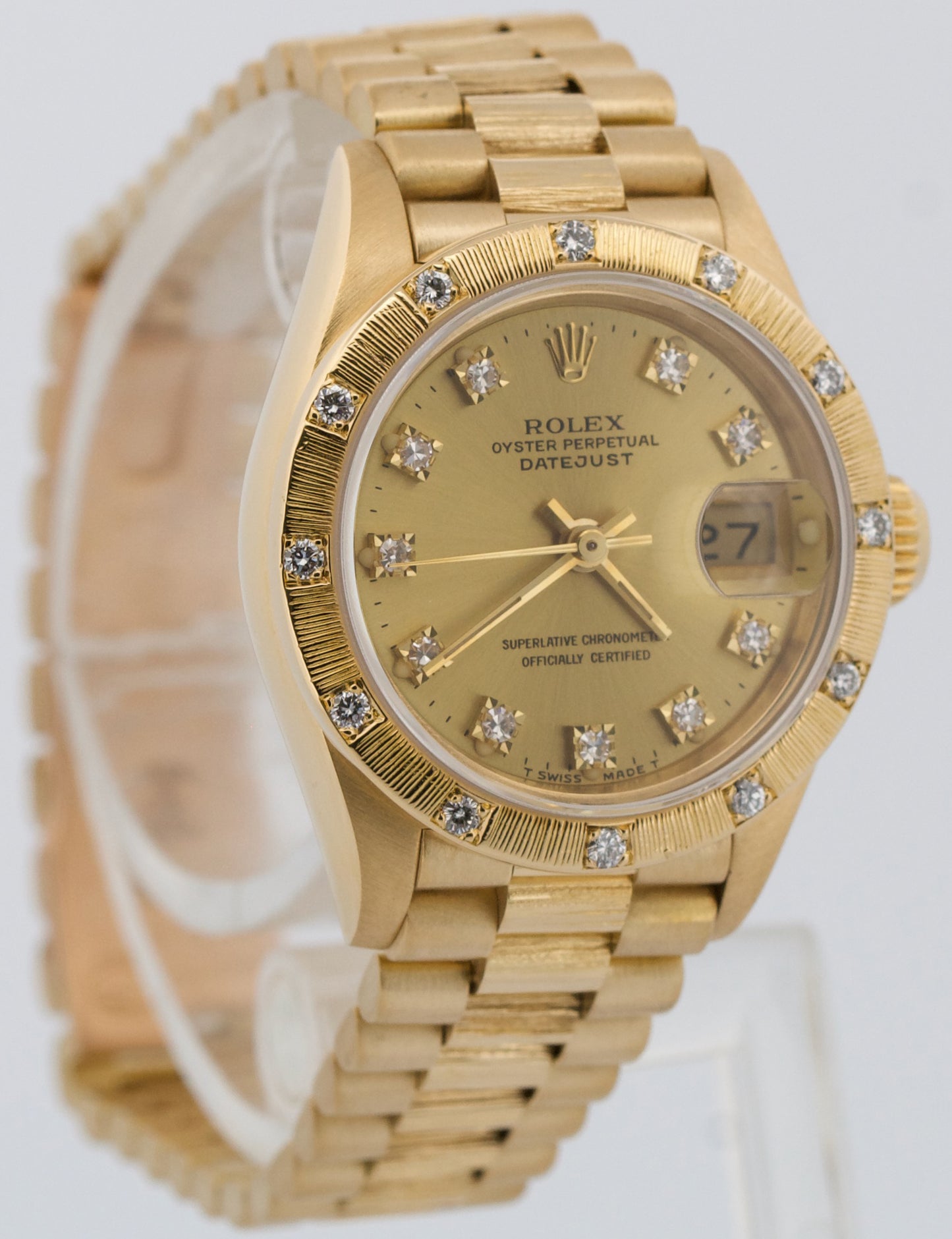 Ladies Rolex DateJust President 26mm DIAMOND BARK 18K Yellow Gold 69288 Watch