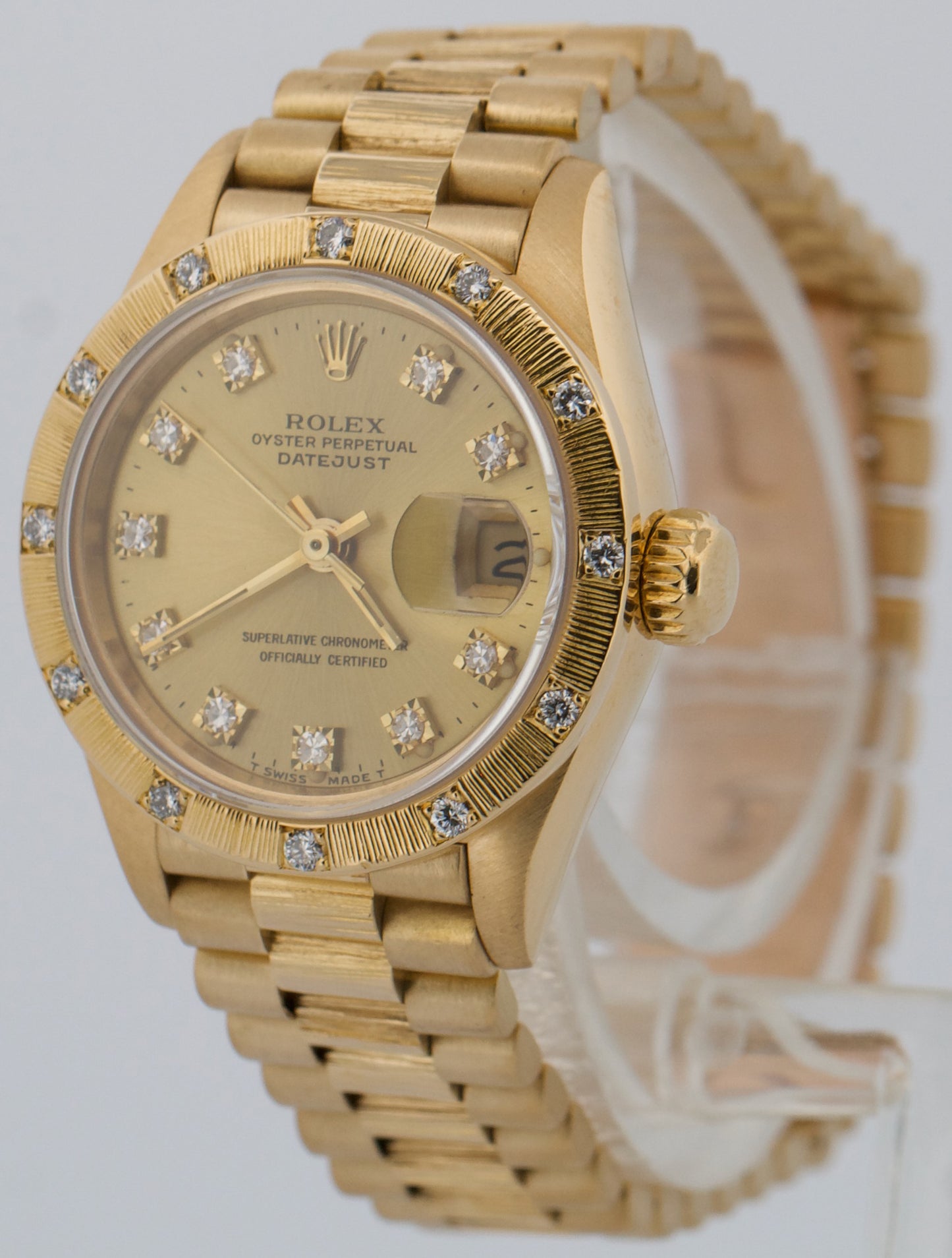 Ladies Rolex DateJust President 26mm DIAMOND BARK 18K Yellow Gold 69288 Watch