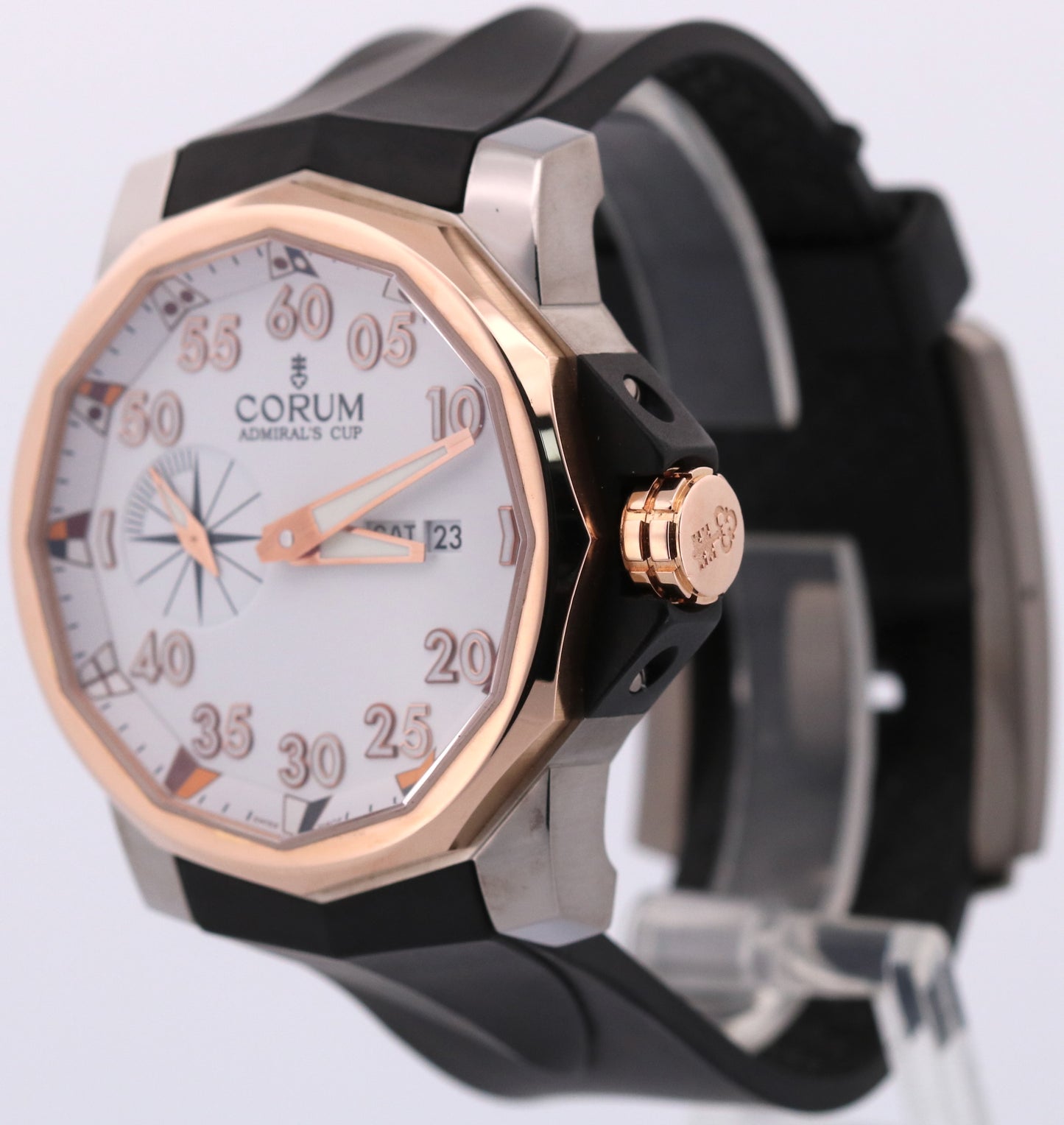PAPERS Corum Admiral's Cup WHITE 18K Rose Gold Titanium Rubber 01.0002 48mm BOX