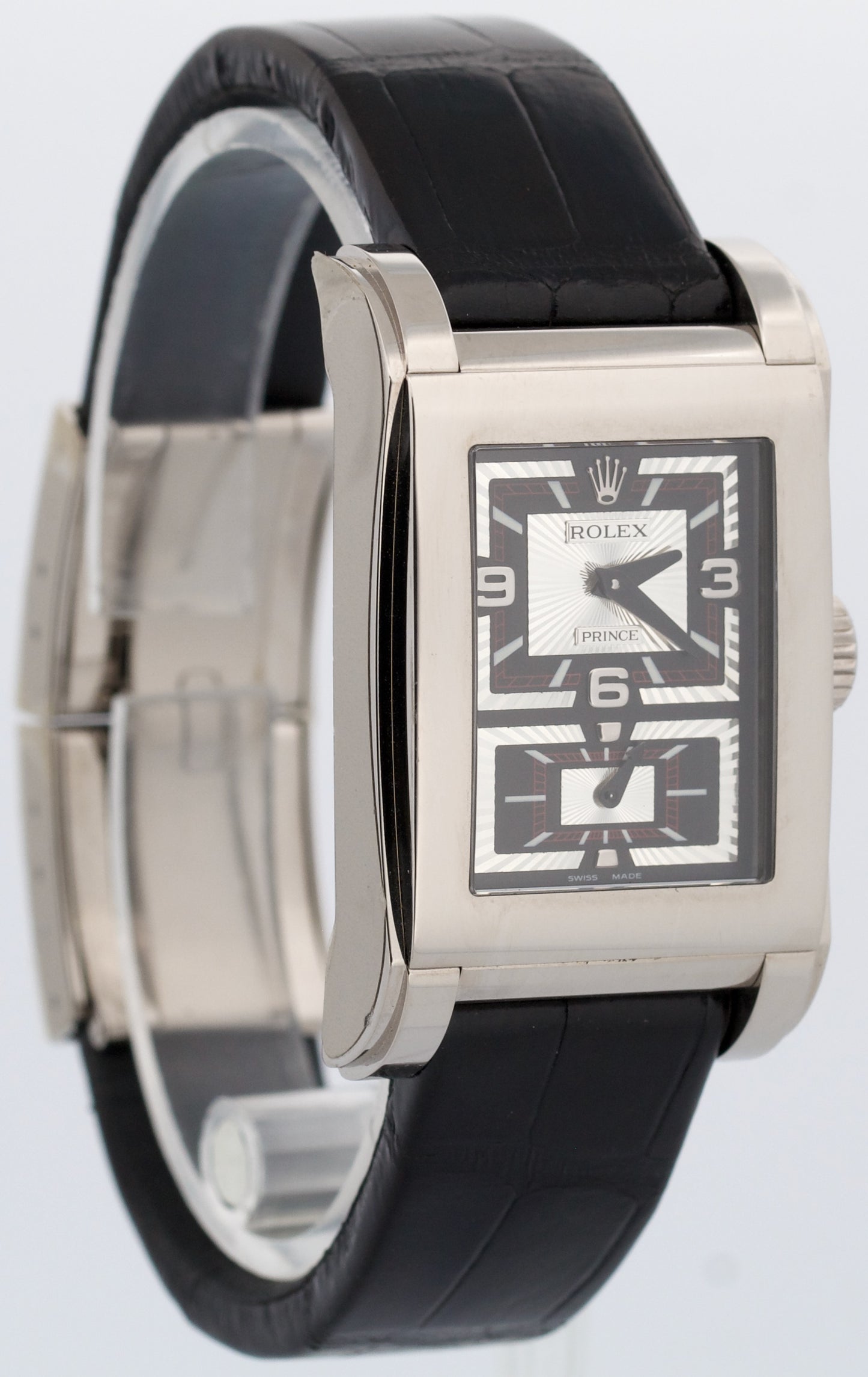 STICKERED Rolex Cellini Prince Dual Time BLACK 18K Gold 38mm x 28mm 5443/9 BOX