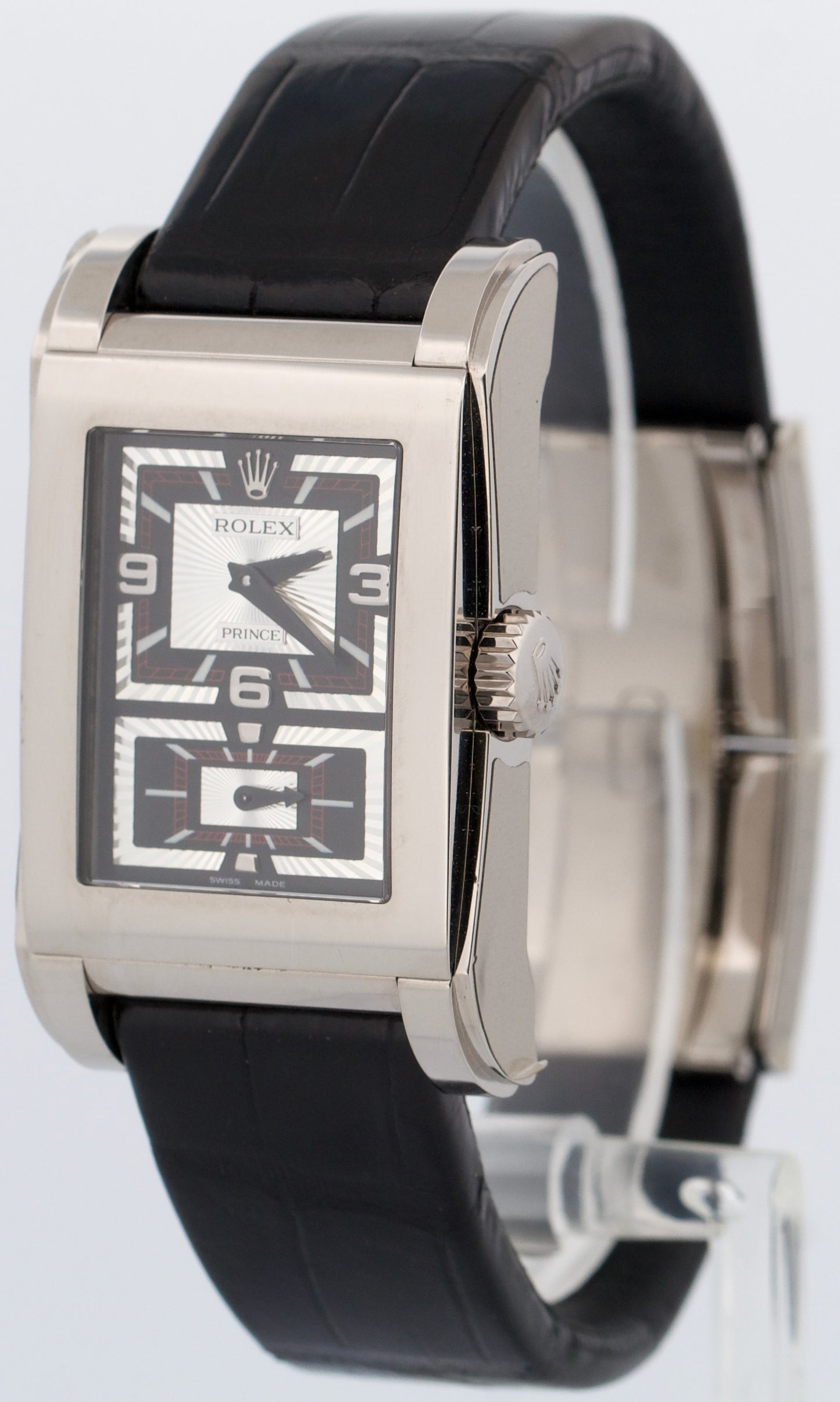 STICKERED Rolex Cellini Prince Dual Time BLACK 18K Gold 38mm x 28mm 5443/9 BOX