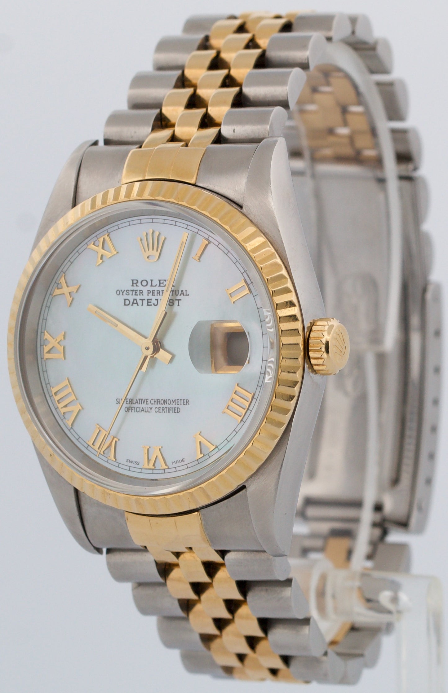 Rolex DateJust 36mm MOP ROMAN 18K Yellow Gold Fluted Steel JUBILEE 16233 Watch