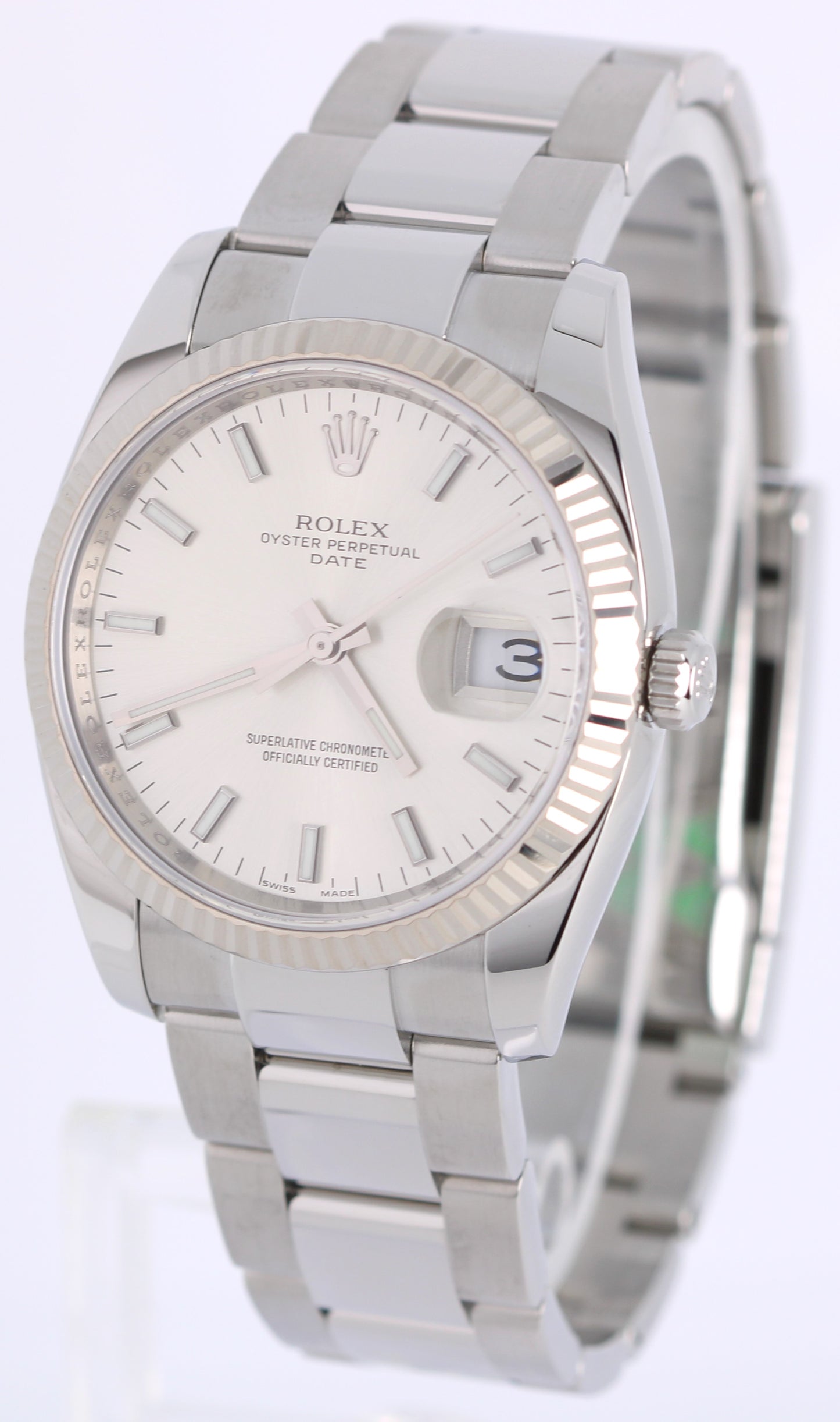 Rolex Oyster Perpetual Date PAPERS Steel Silver 34mm Fluted 115234 Watch BOX