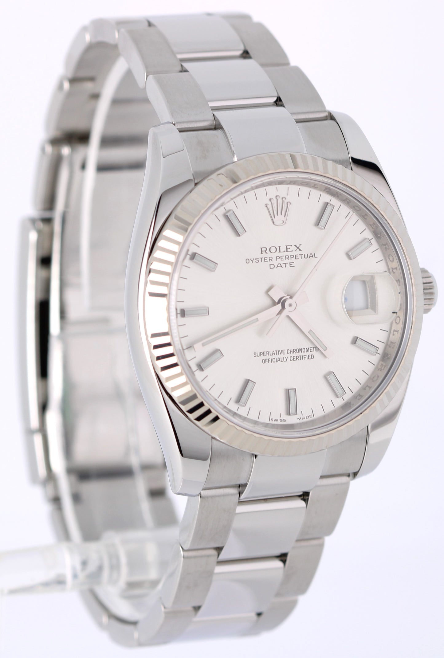 Rolex Oyster Perpetual Date PAPERS Steel Silver 34mm Fluted 115234 Watch BOX