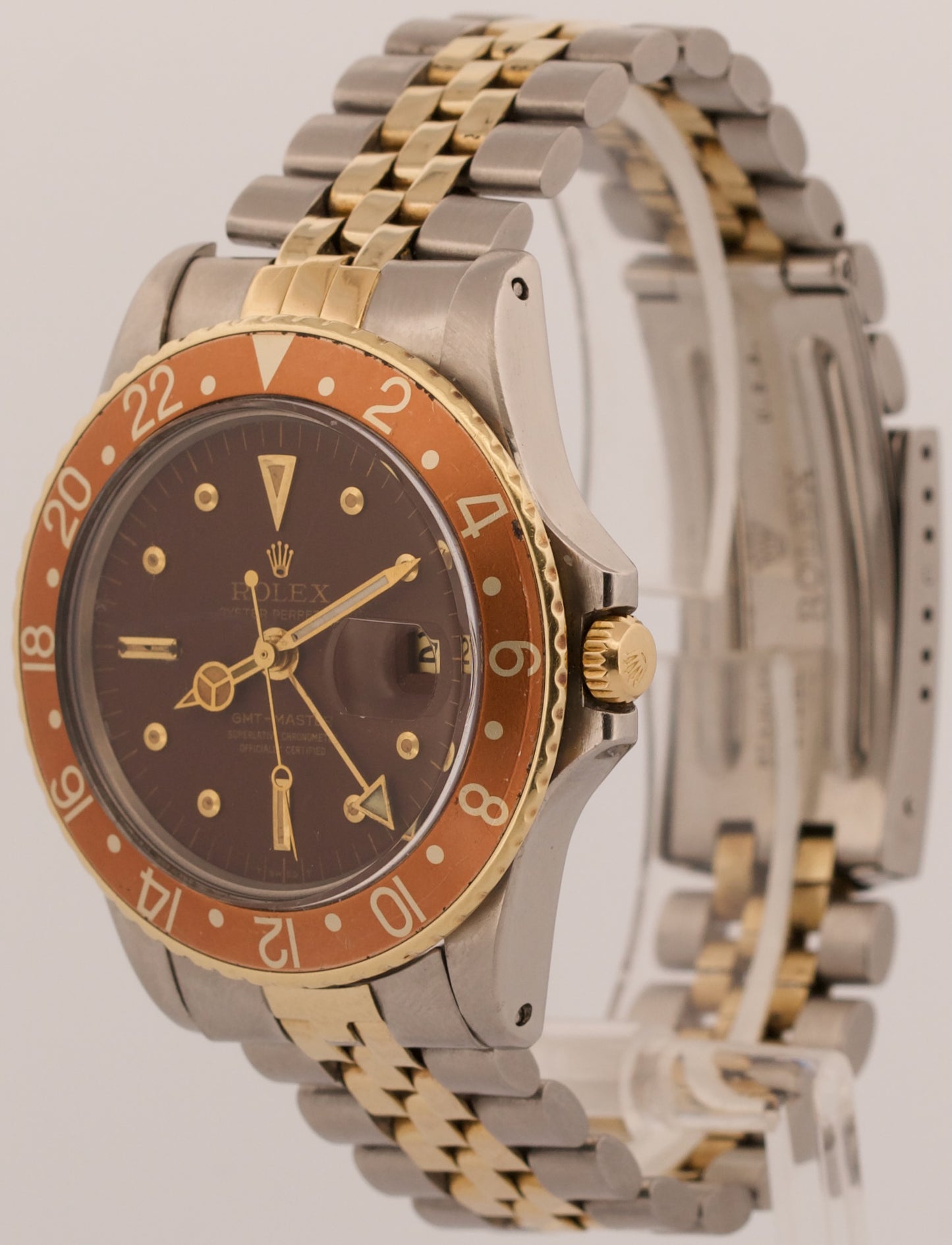 VINTAGE 1971 Rolex GMT-Master BROWN 18K Gold Steel ROOT BEER Jubilee 40mm 1675