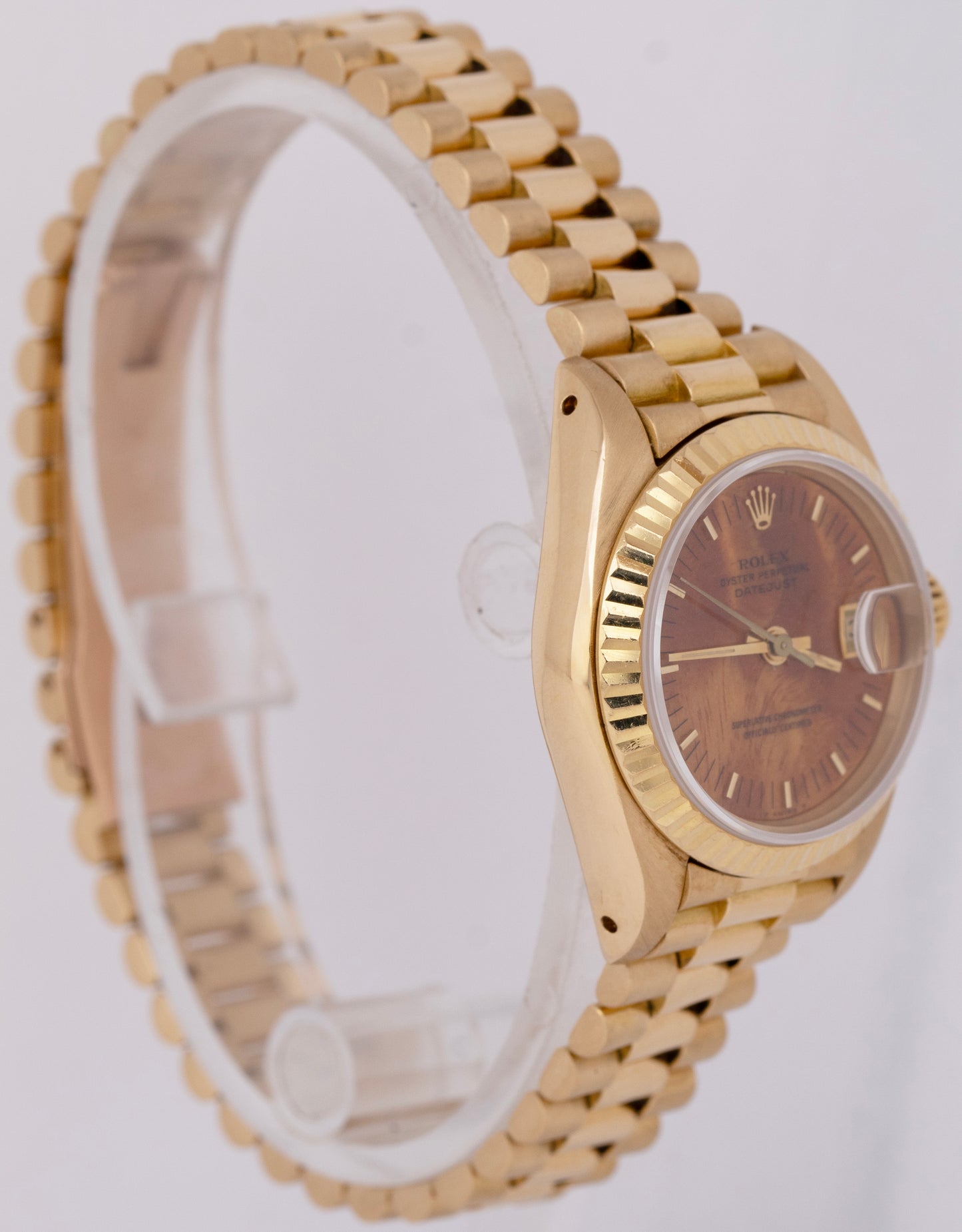 Ladies Rolex DateJust President 26mm Burl Wood Dial 18K Yellow Gold Watch 69178