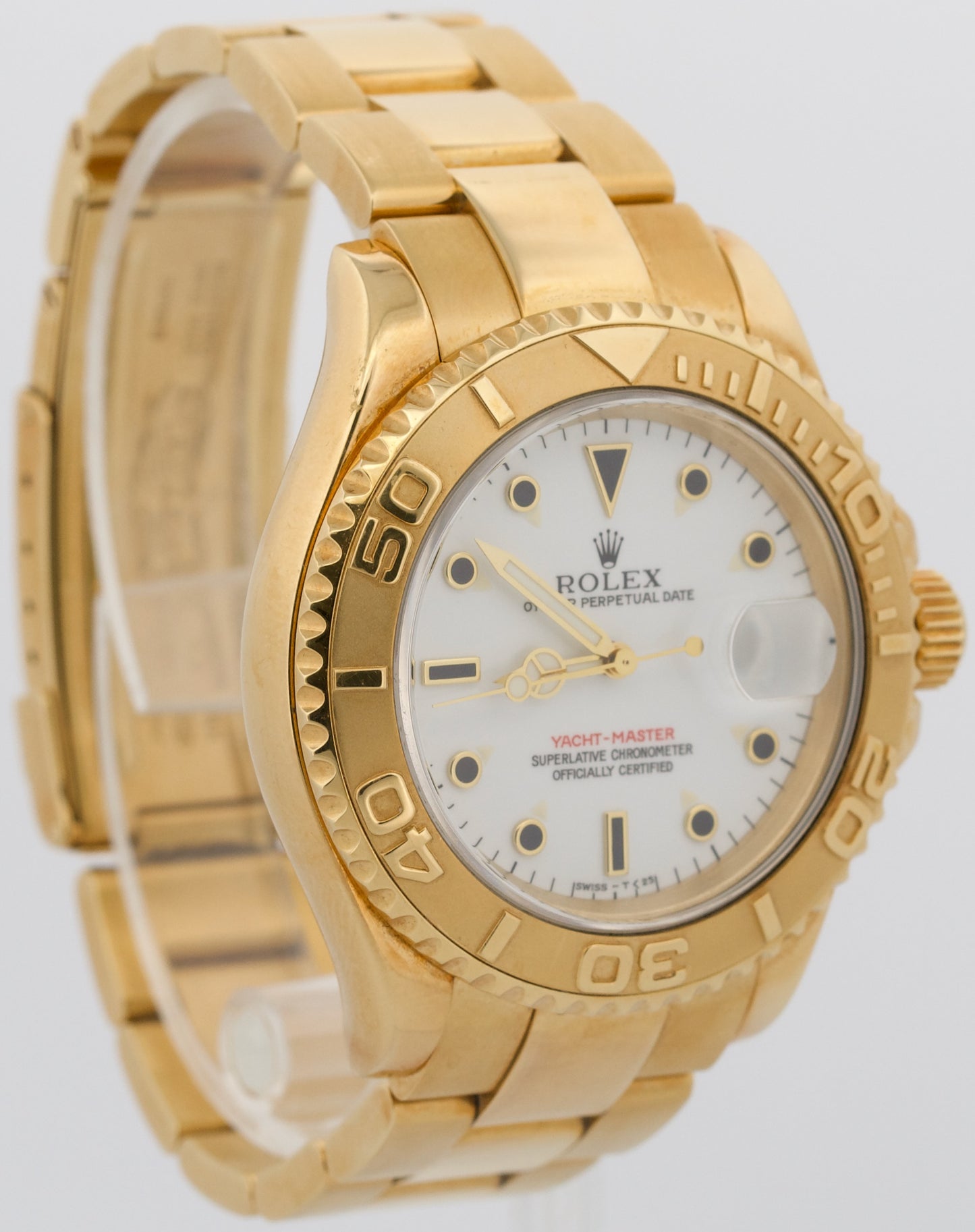 Rolex Yacht-Master 40mm WHITE 18K Yellow Gold Oyster GREEN STICKER Watch 16628