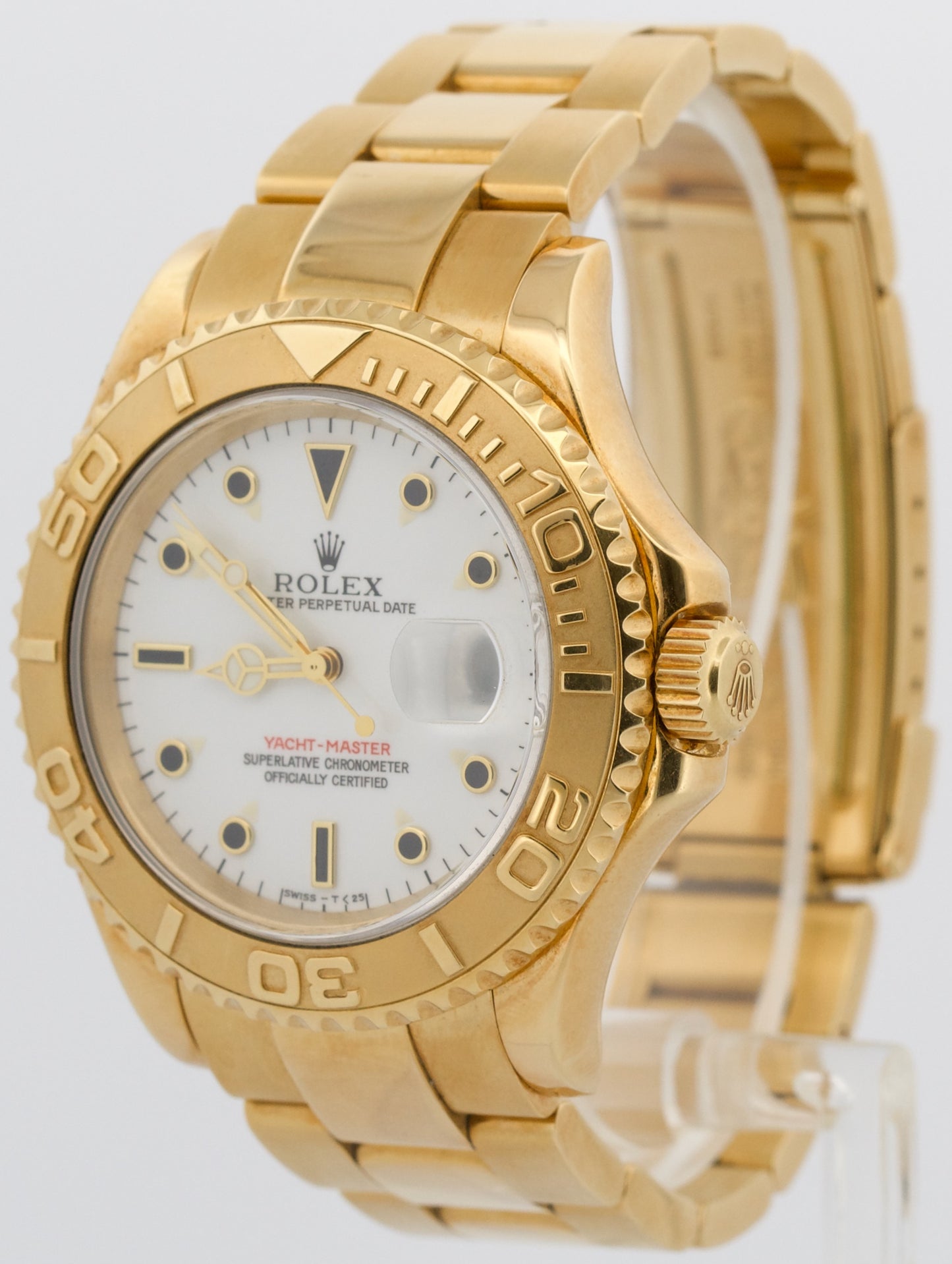 Rolex Yacht-Master 40mm WHITE 18K Yellow Gold Oyster GREEN STICKER Watch 16628