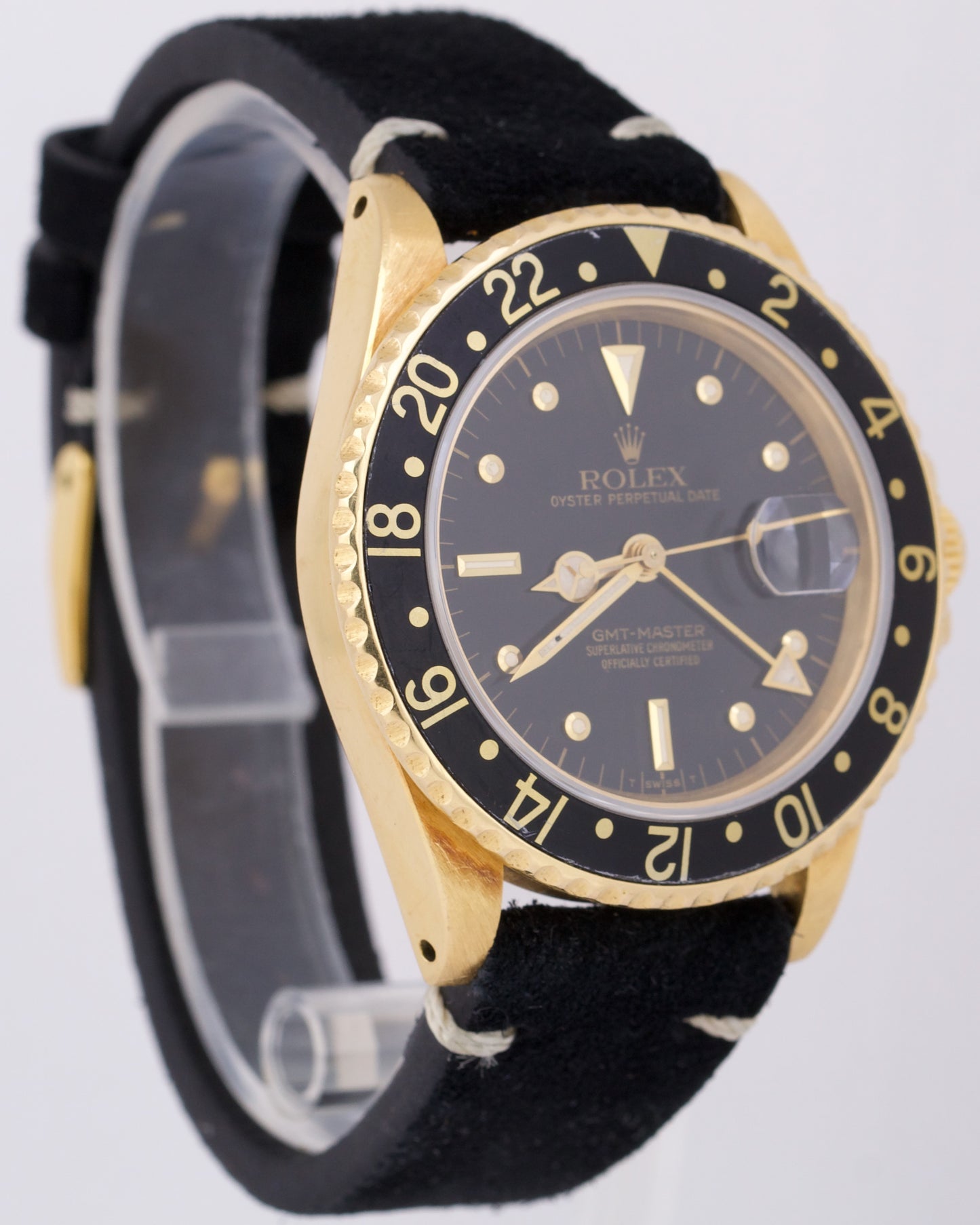 1984 Rolex GMT-Master 40mm 18K Yellow Gold Black Leather Date Watch 16758