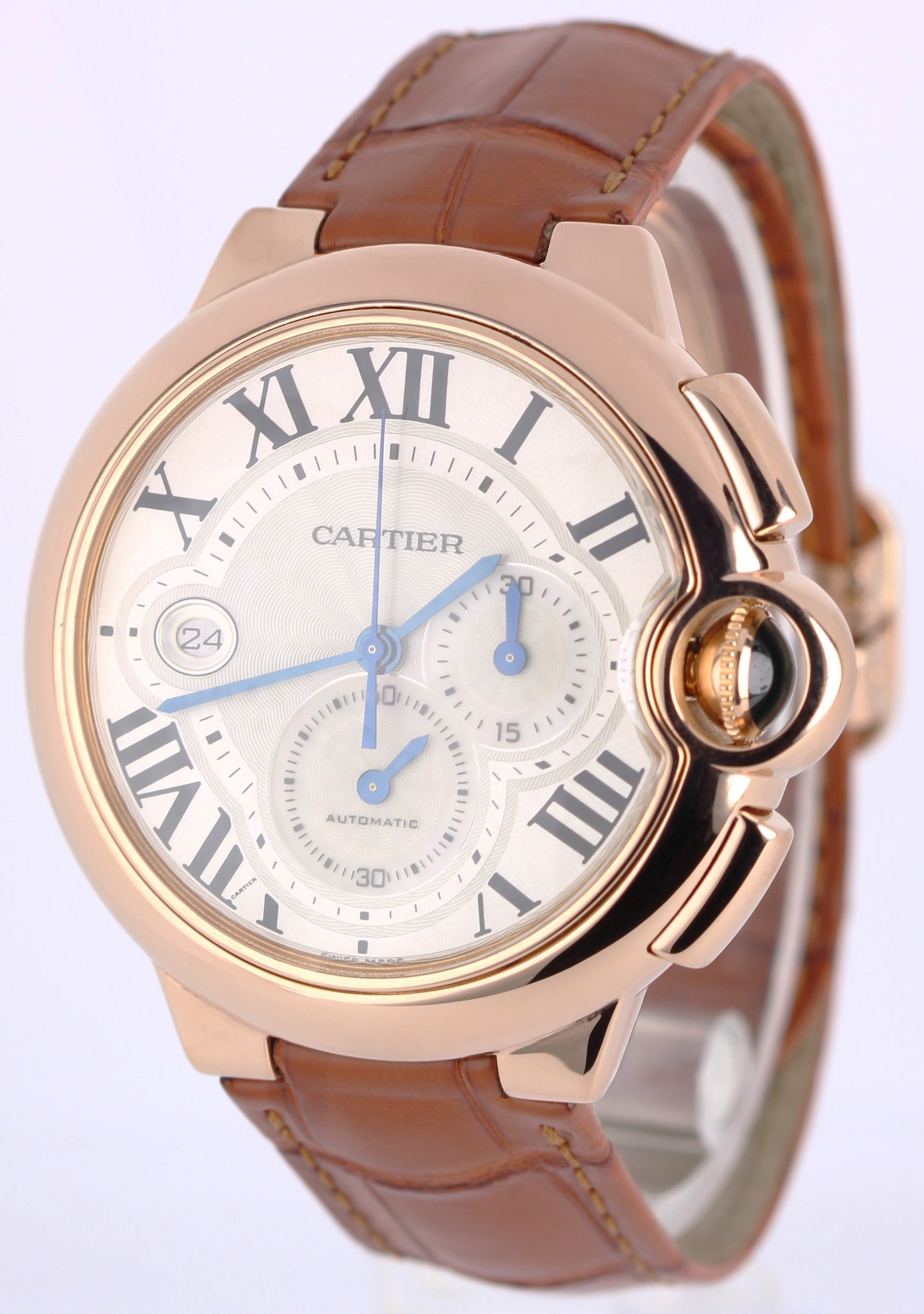 Cartier Ballon Bleu XL Chrono Date 18k Rose Gold Silver 44mm 3107 Leather Watch